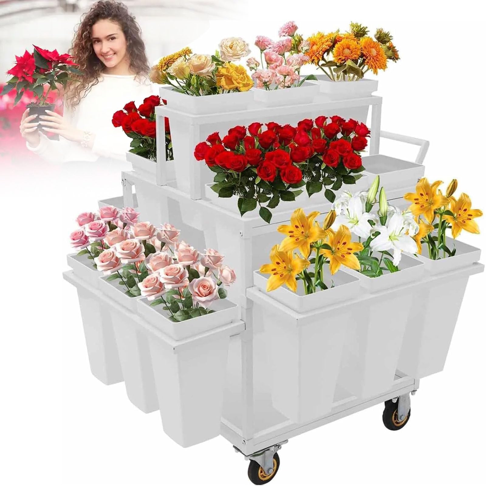 Este Soporte metálico para exhibición de Flores al Aire Libre con Soporte para Flores con 18 Cubos, Soporte para exhibición de Flores con Ruedas, Carrito de Flores para floristería, Patio y