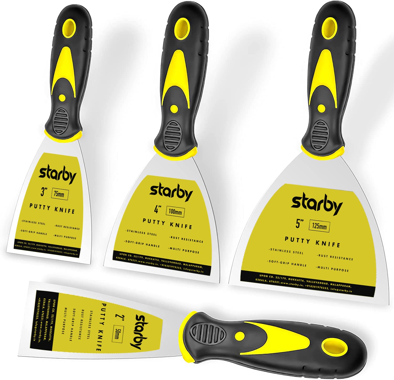 Starby Stainless Steel Putty Knife Set | Pack of 4(2” 3” 4” 5") Putty Scraper Tool for Drywall Finishing, Plaster Scraping, Decals, Wallpaper, Mixing, Cutting & Other Uses