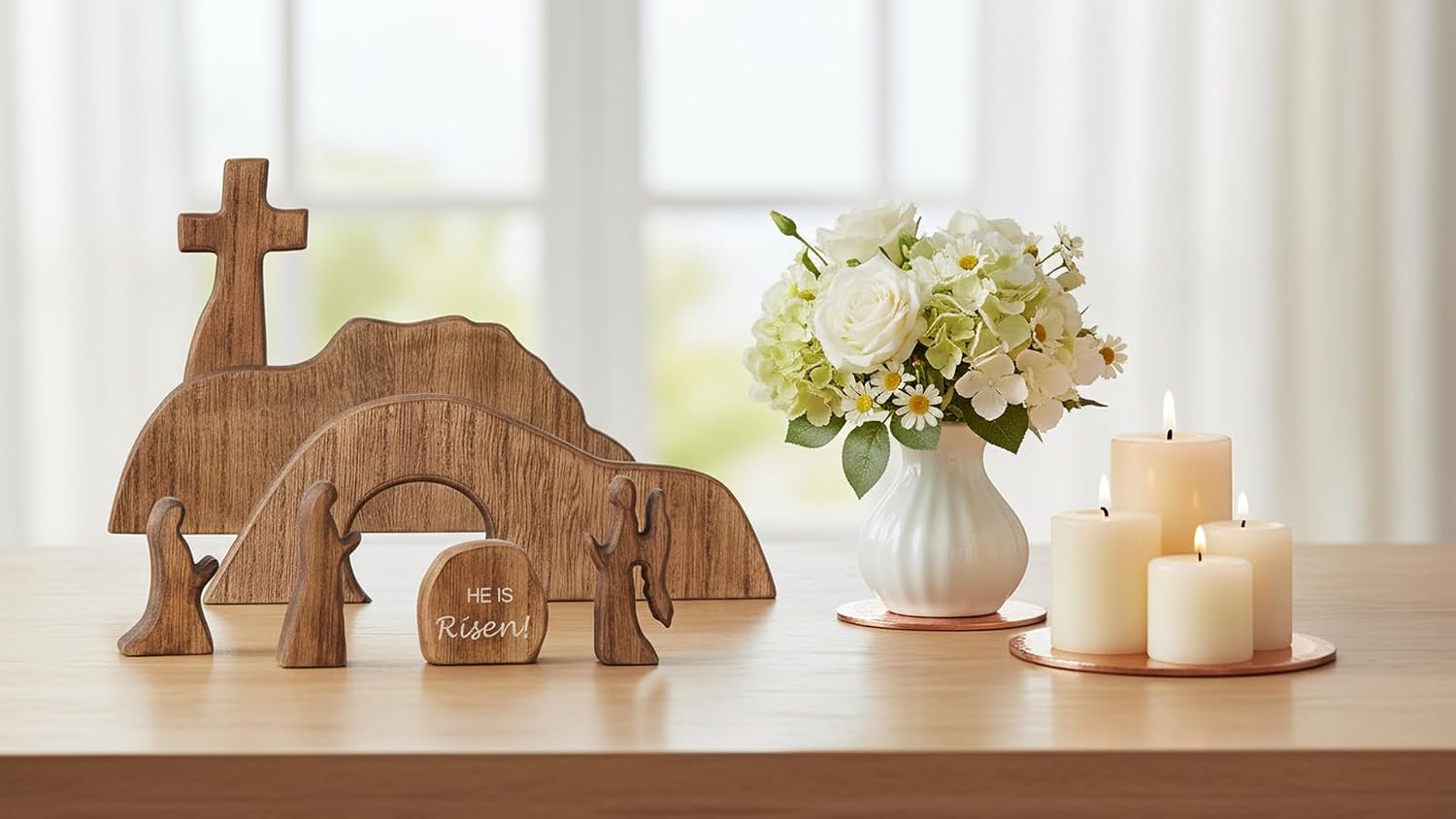 【He is Risen】Wooden Easter Resurrection Scene Cross Jesus Tomb Tray Set, Empty Tomb Easter Scene and Cross Decoration,Jesus Nativity Scene Decor for Religious Home Office Tabletop Christian Gifts (7)