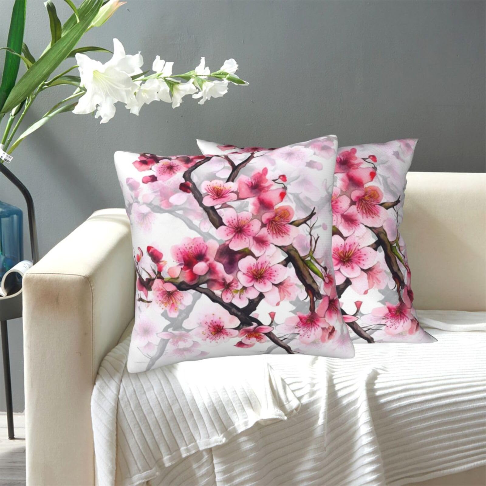 FekiLoot Decorative Throw Pillow Covers Modern Farmhouse Pillowcase Double Sided Cozy Cushion Cover for Sofa Couch Bed 20"X20" Cherry Blossom Watercolor