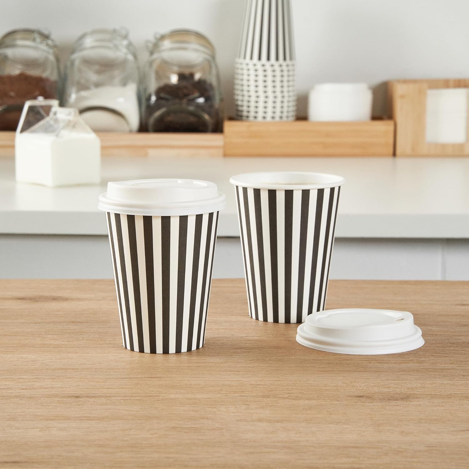 12 Ounce Disposable Coffee Cups With Lids, 20 Hot Cups With Lids - Sleeves Sold Separately, Single Wall, Black And White Stripe Paper Coffee Cups, For All Kinds Of Beverages - Restaurantware - Image 7