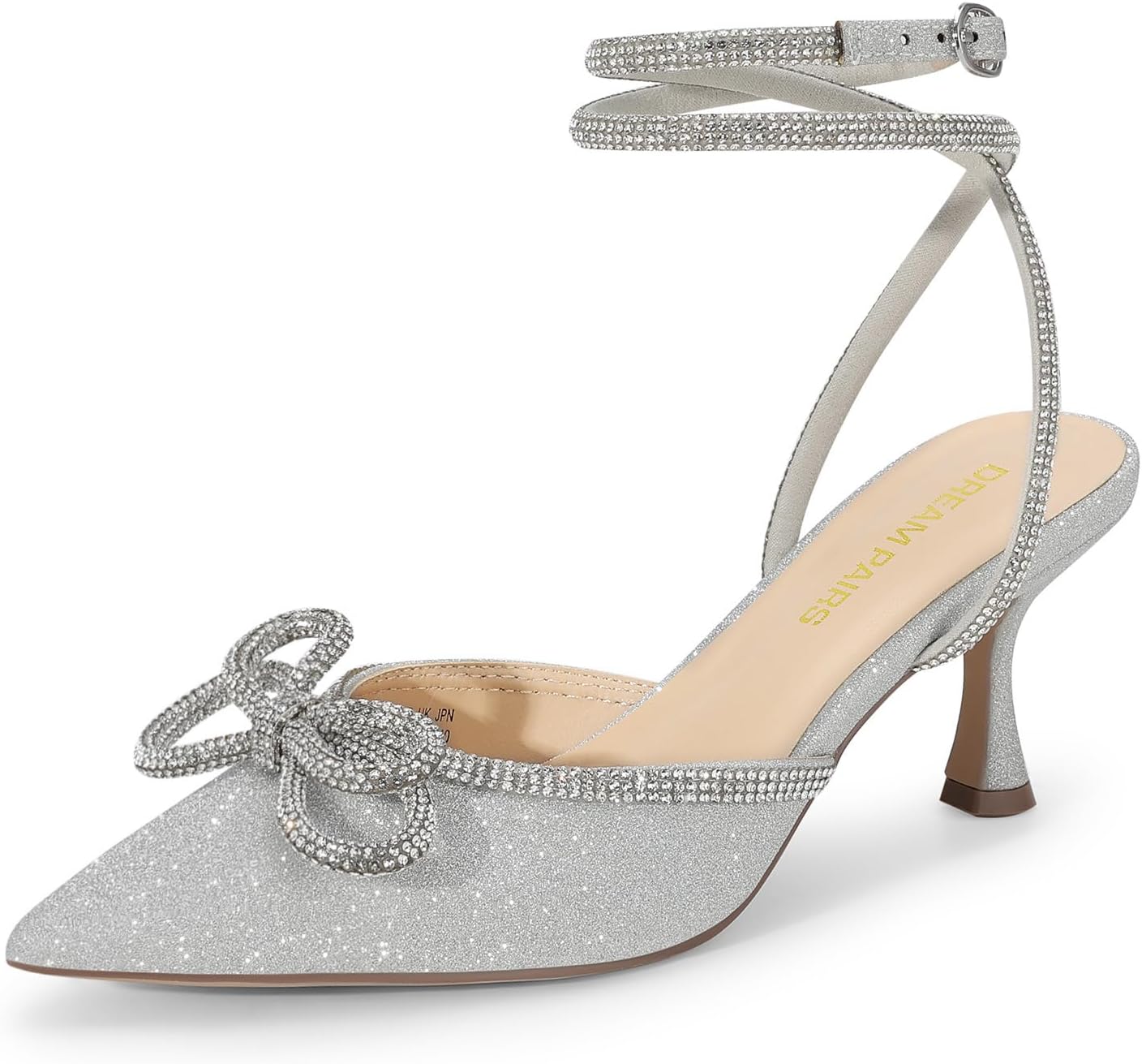 DREAM PAIRS Kitten Heels Rhinestone Bow Ankle Strap Stiletto Pointed Closed Toe Heels for Women Pumps Wedding Bridal Party Dress Shoes