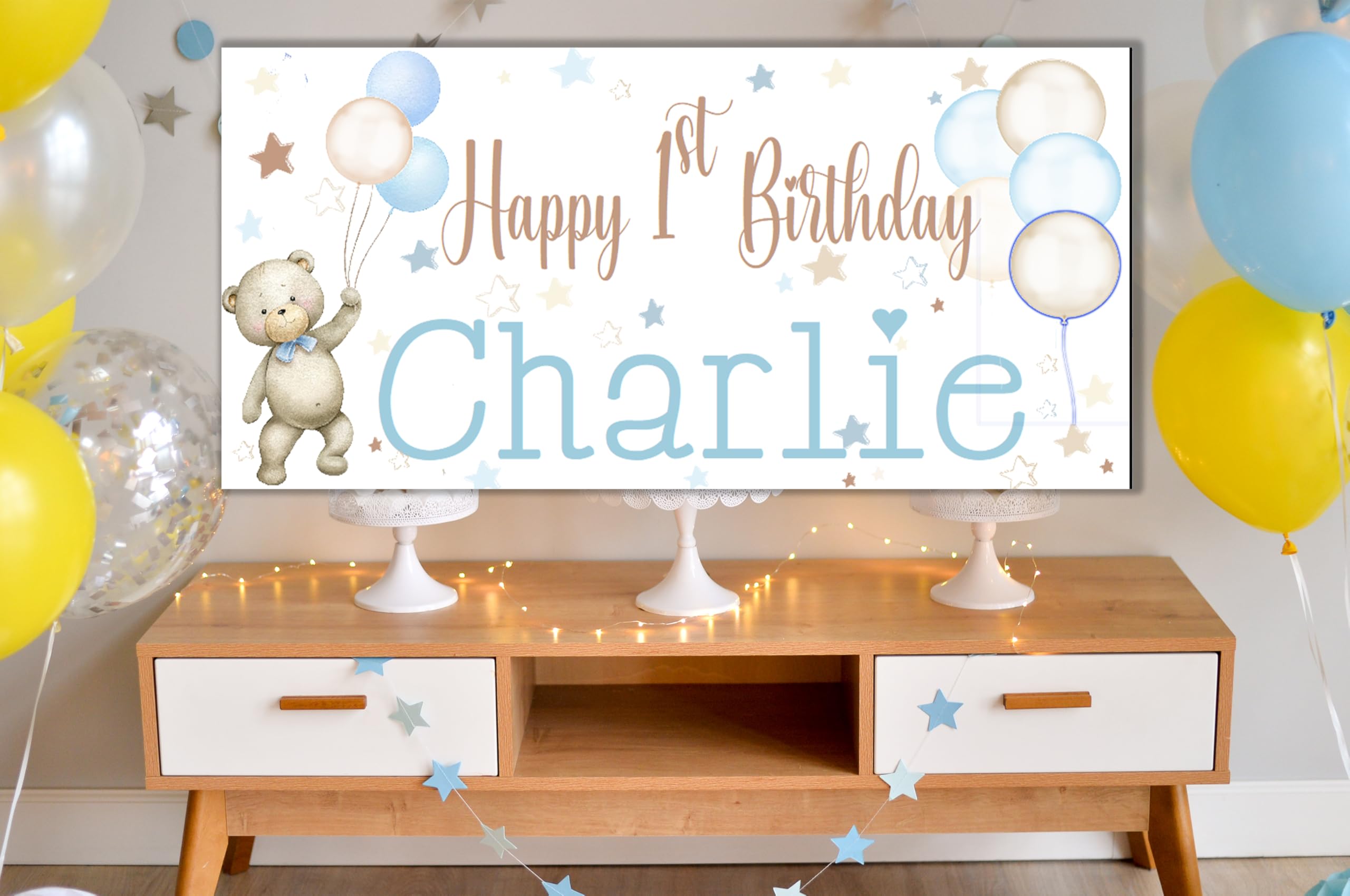 Large Personalised 1st Birthday Backdrop First Birthday Banner for Boys Girls Customised with Name Age Photo Party Decorations Blue Pink 2nd Outdoor (Teddy Bear Blue, 4x2ft - Indoor Banner Paper)