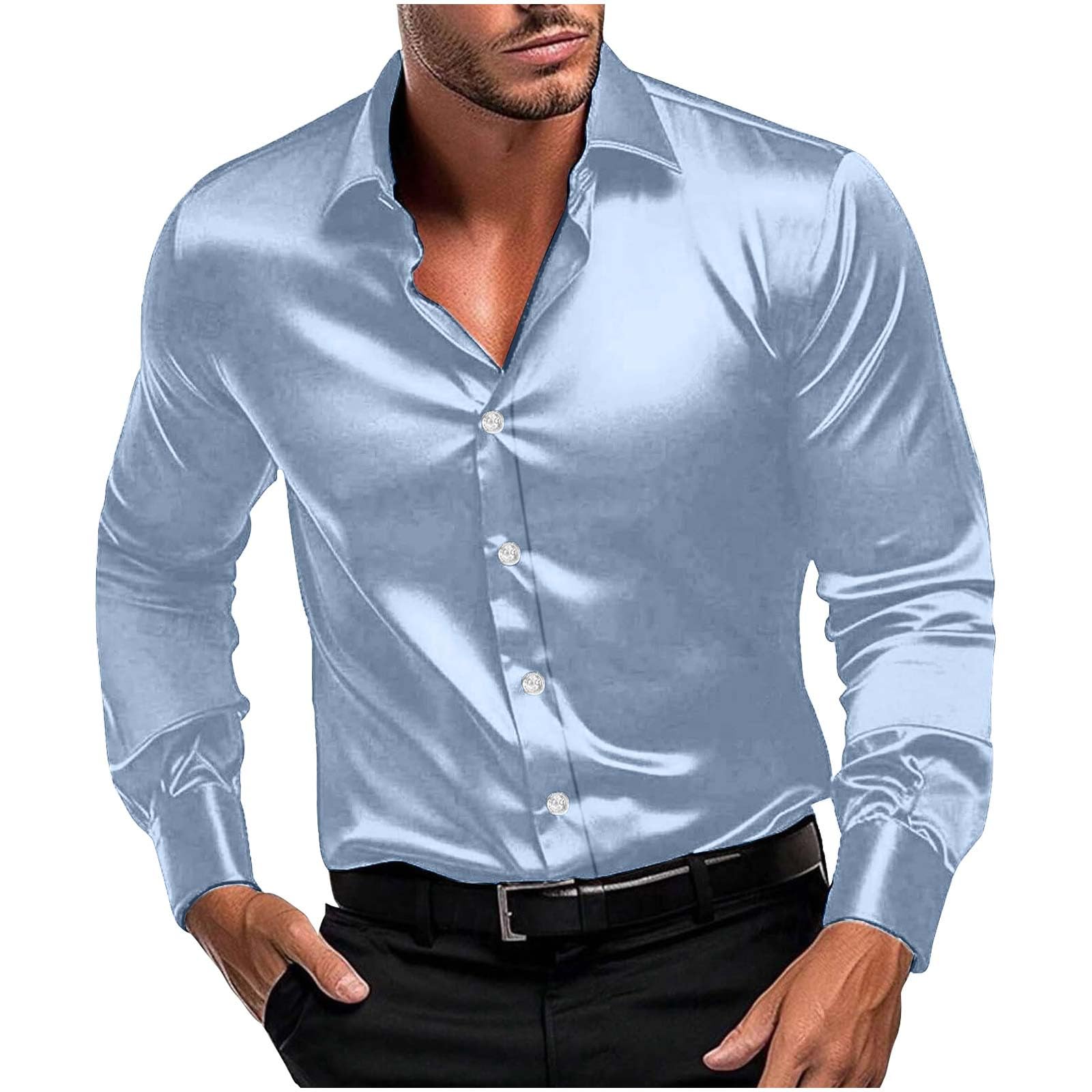 Men Long Sleeve Satin Dress Shirt Shiny Embroidery Silk Like Button Down Casual Luxury Prom Wedding Party Disco Solid