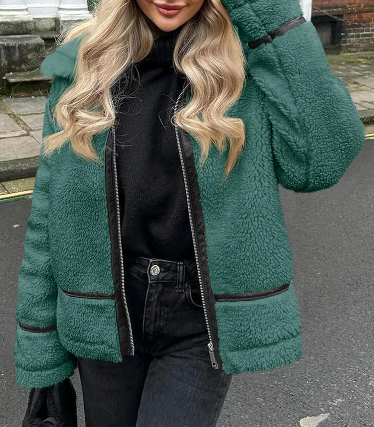 Tankaneo Womens Faux Fur Jackets Winter Trendy Sherpa Moto Leather Patchwork Zip Up Coat - Image 2