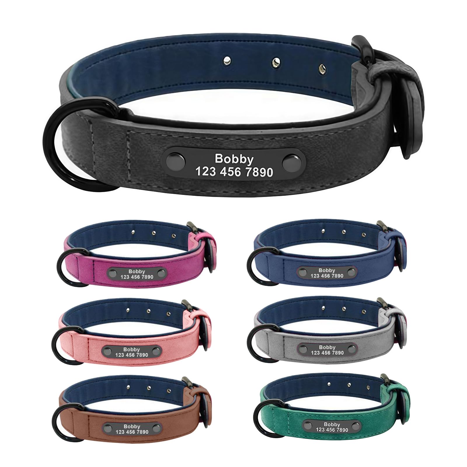 Collar de cuero personalizado para perro con placa de nombre grabada y juego de correa de 1,5 m, collar de identificación personalizado de cuero genuino suave de grano completo para perros medianos y