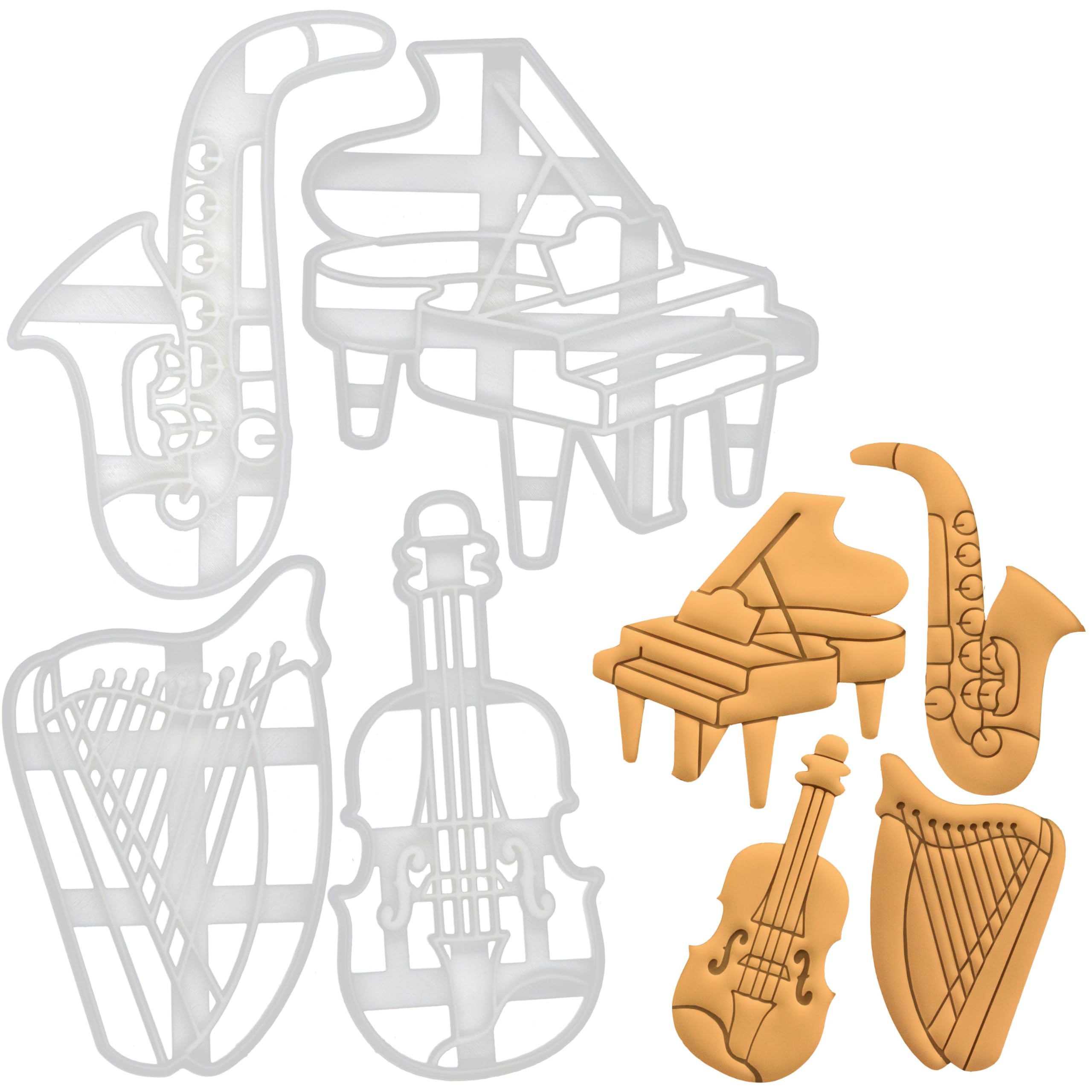ensemble de 4 emporte-pièces pour instruments de musique (motifs: harpe, piano à queue, saxophone, violon), 4 pièces