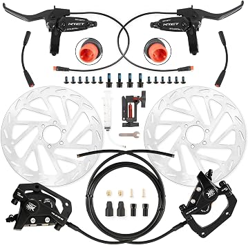 Upgrade Heavy Duty 4 Piston Hydraulic Brakes for Ebike 2 PIN Waterproof Power-Off Connector, Pre-Bleed Filled with DOT 4 Brake Fluid Brake Kit - 180mm 2.75mm Thickened Rotor Black, 4 Piston