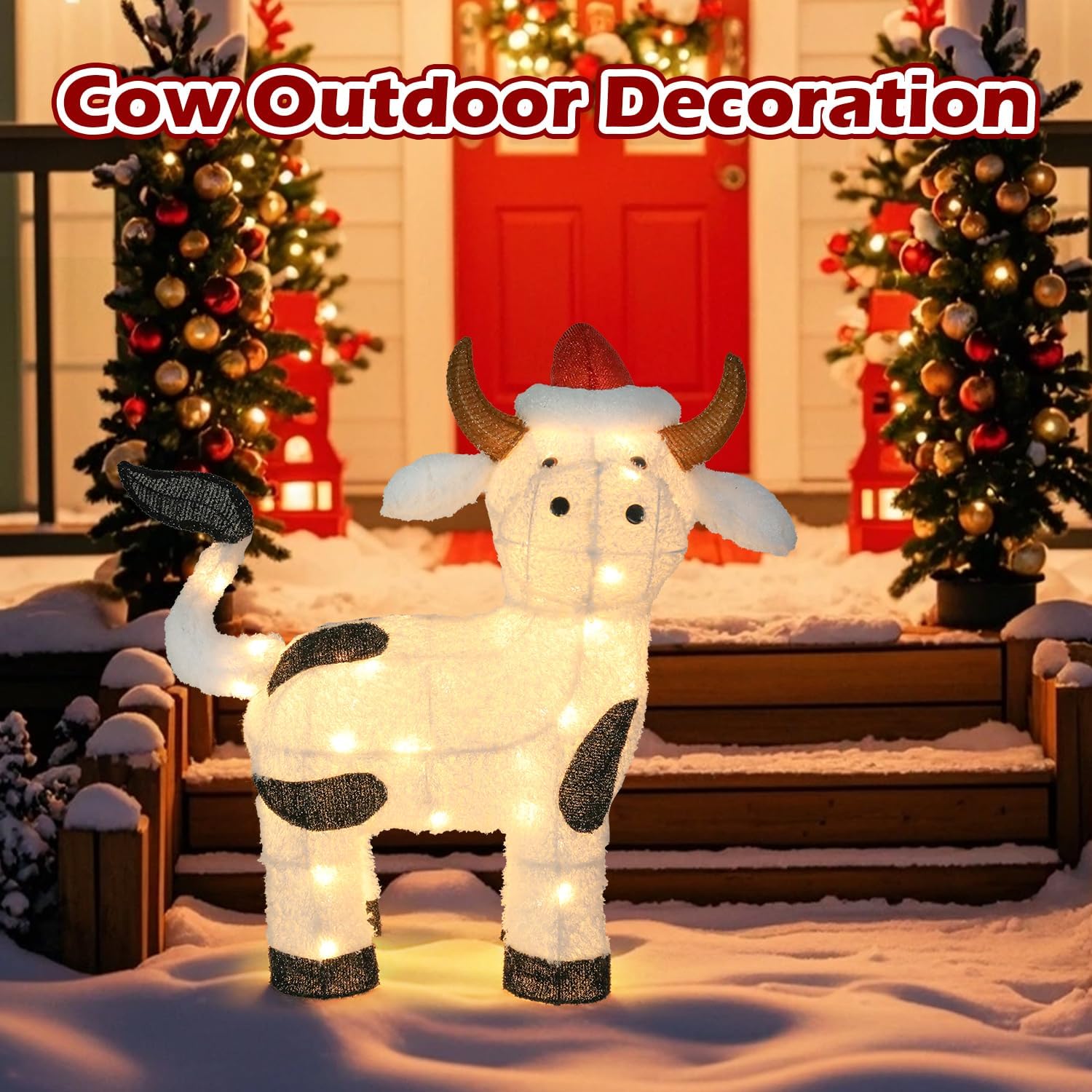 Christmas Cow Outdoor Holiday Decoration, 30" Pre-Lit Cow with Red Santa Hat, Built-in LED Lights - Image 6
