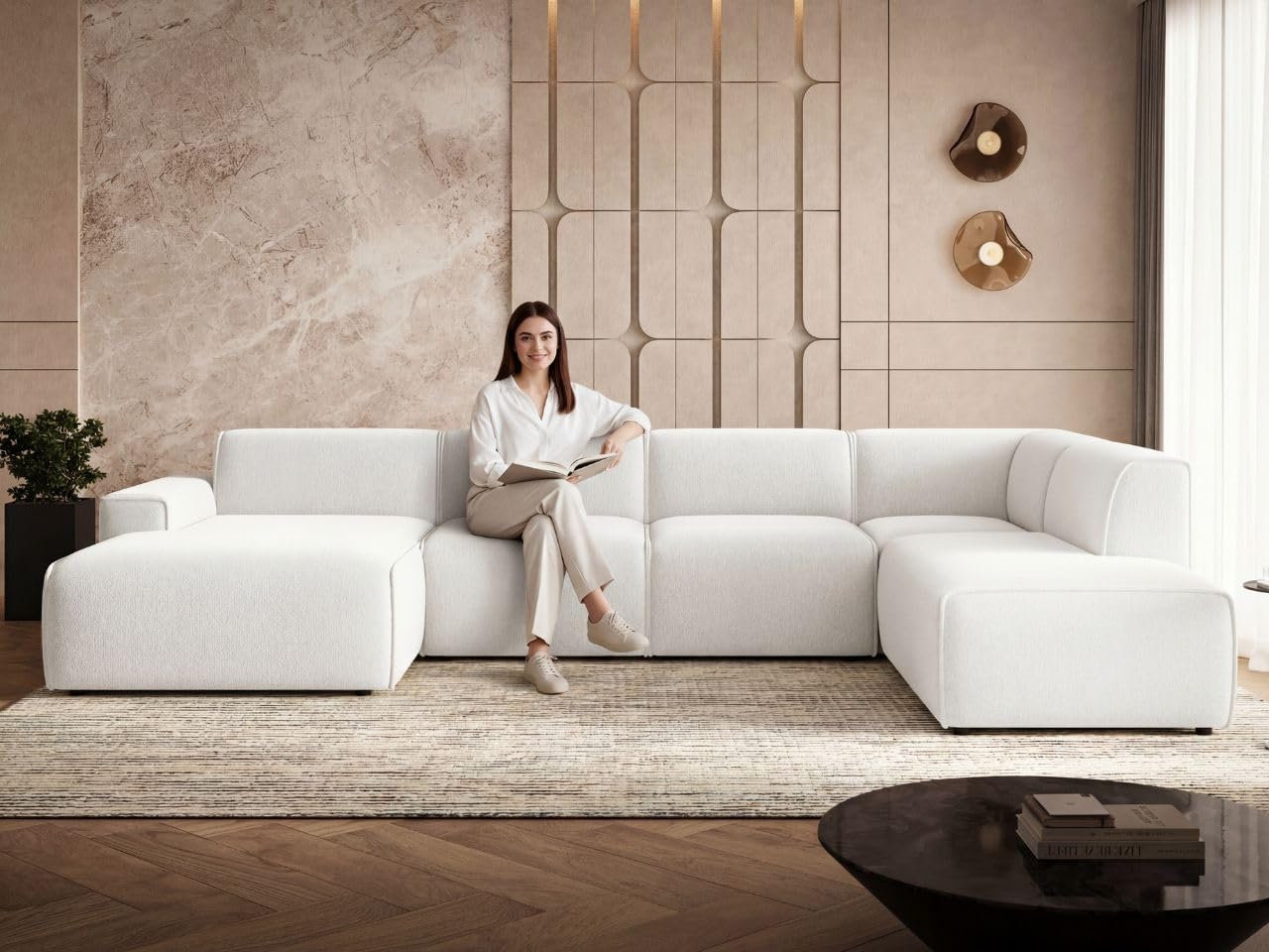 GRAINGOLD Belluno Ecksofa 378x220 cm, U-Form Sofa, Ecksofa für Wohnzimmer, Bouclé Stoff, 5-Sitzer Wohnlandschaft, Modernes Design (Weiß, Rechts)