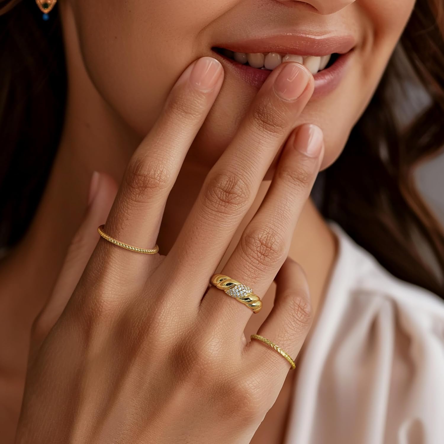 14K Screwy Gold Non Tarnish Rings for Women Shape of Thread Gold Band Rings Woman 5-9