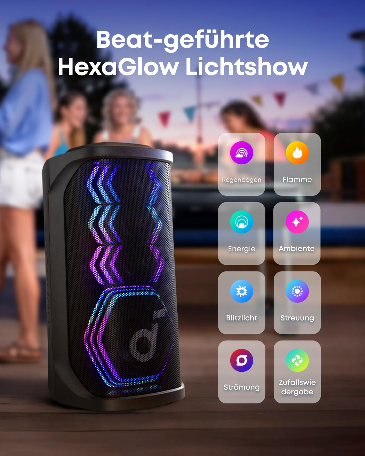 soundcore by Anker Rave 3S Partybox mit KI-Karaoke, 200W Sound, 12h Akku | Party-Lautsprecher mit 2 kabellosen Mikros, KI-Gesangsentfernung, Lichtshow, Auracast, Bluetooth Lautsprecher für innen&außen