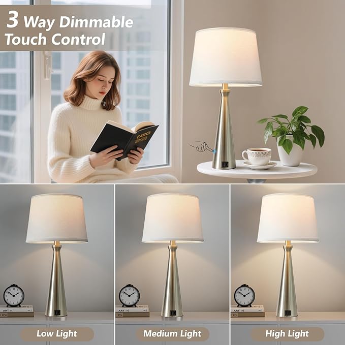 Seealle Seealle Modern Table Lamps Set of 2 - Touch Bedside Lamp for Nightstand with USB C+A,3-Way Dimmable Silver Nightstand Lamps for Living Room Bedroom End Table with White Shade(Bulb Included) photo 5