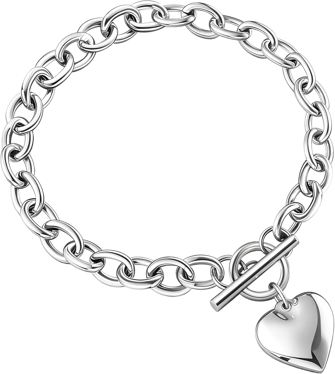 Silver Heart Toggle Bracelet Silver Plated Love Link Bracelet for Women Birthday Gift Lightweight 7.6" Long Hand Chain