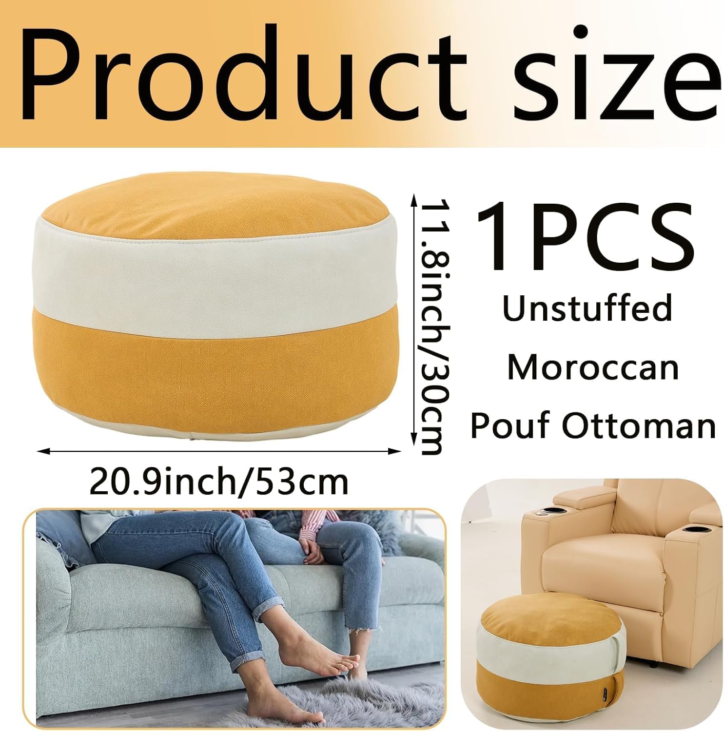 Louis Donné Outdoor Pouf Ottoman Cover (Unfilled), Waterproof Round Footstool & Bean Bag Chair, Multi-Function Stuffed Storage Solution, Yellow & White Boho Foot Rest for Patio Garden, Living Room