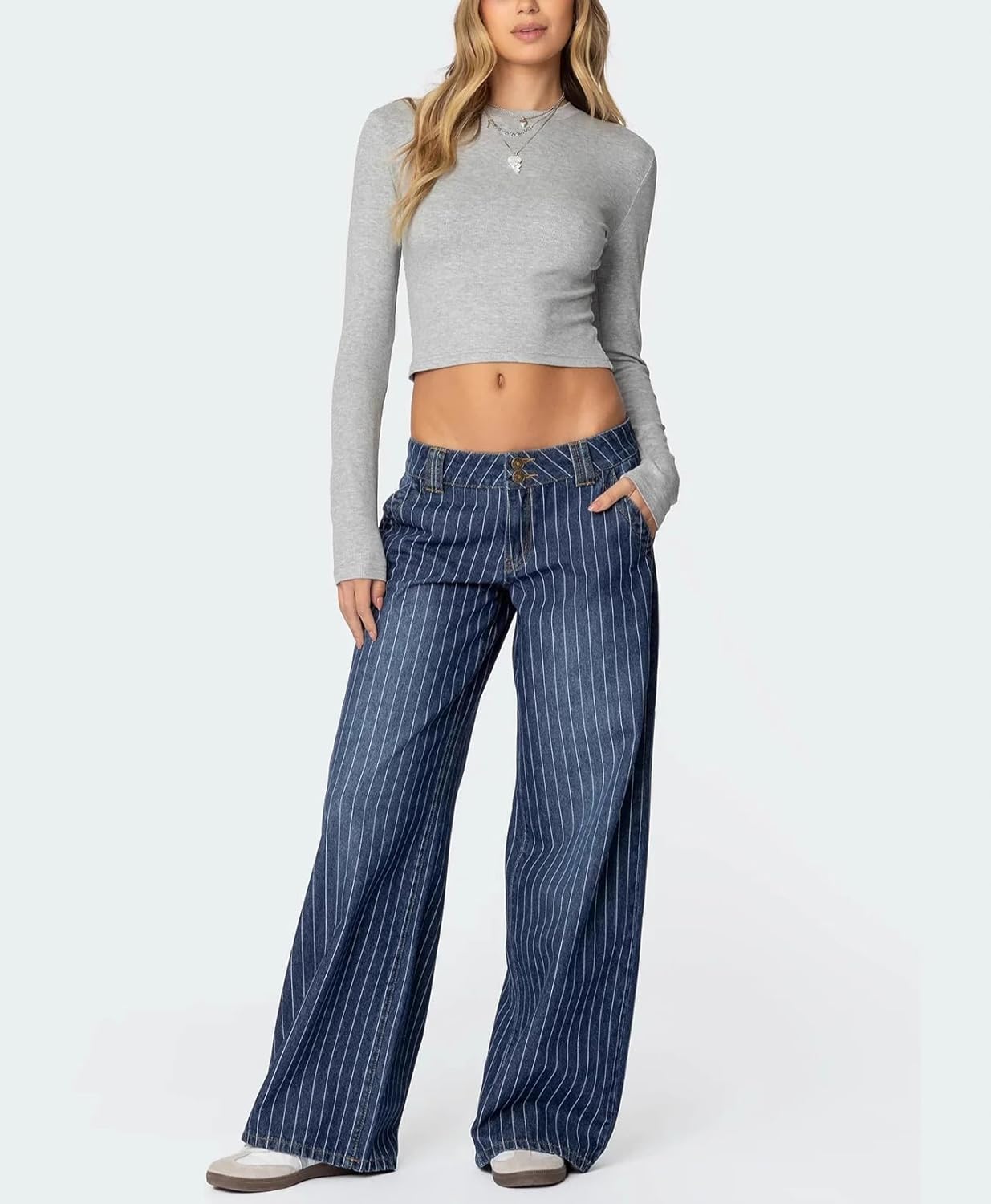 Women's Low Rise Striped Wide Leg Jeans Vintage Baggy Trendy Straight Leg Denim Pants Streetwear
