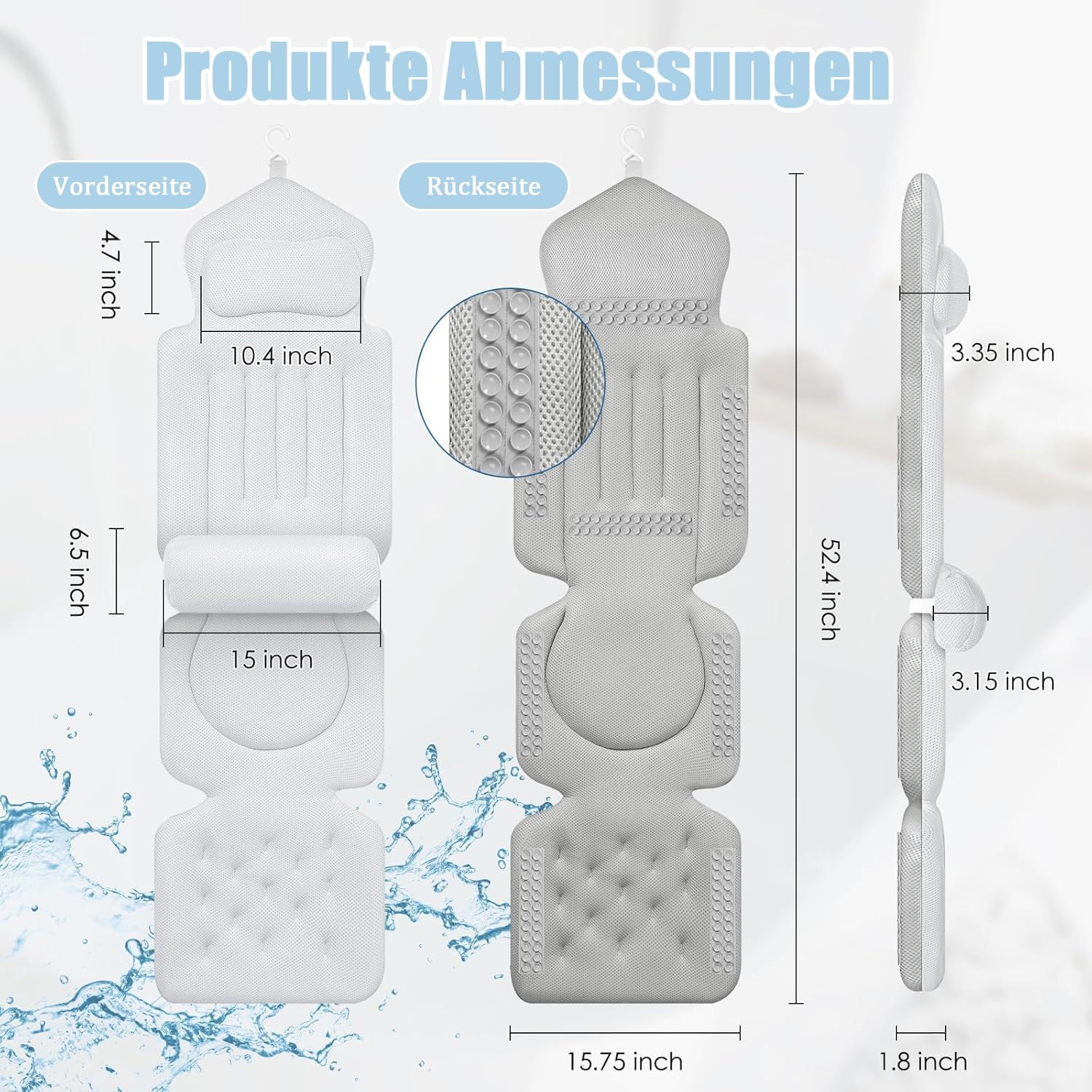 Badewannenkissen Ganzkörper, Badewannenmatte mit Kissen und Lendenwirbelstütze, mit Saugnäpfebad Anti-Rutsch und Hängehaken, Schnelltrocknend, Badekissen für Badewanne, 133x40cm