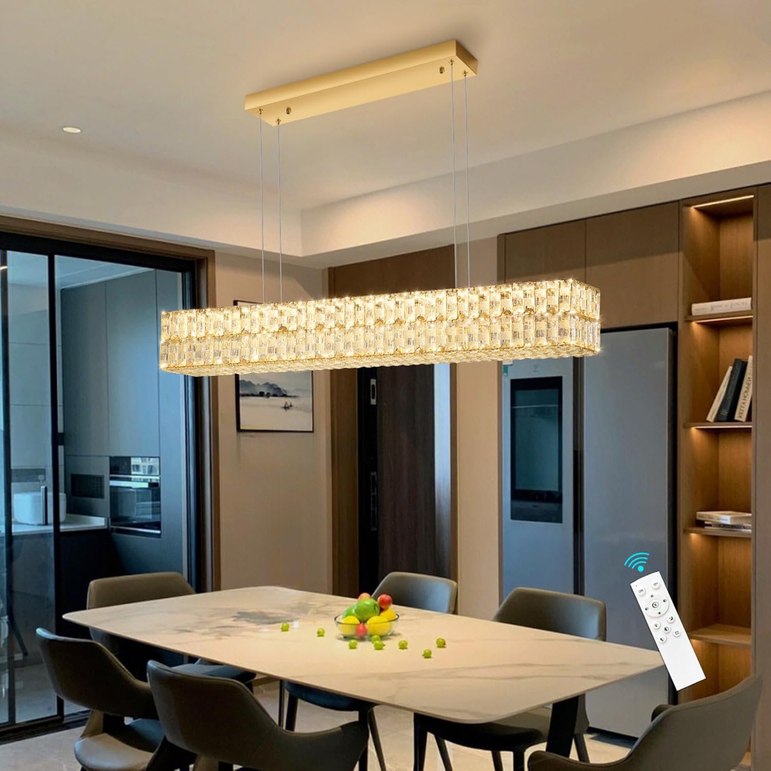 47 Inch Rectangular Crystal Chandelier Glam Dimmable LED Chandeliers for Dining Room Linear Pendant Light with Remote Control for Kitchen Island Gold