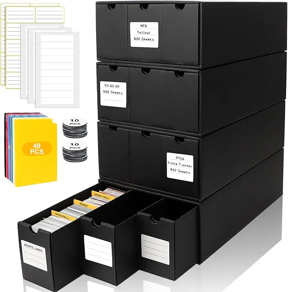 QLOUNI Trading Card Storage Box, Includes 12-600 CT Boxes & 48 Card Dividers, 12000+ Trading Card Organizer for Collectible Card Games, for TCG, MTG, PTCG, Baseball Cards, with Labels & Tapes