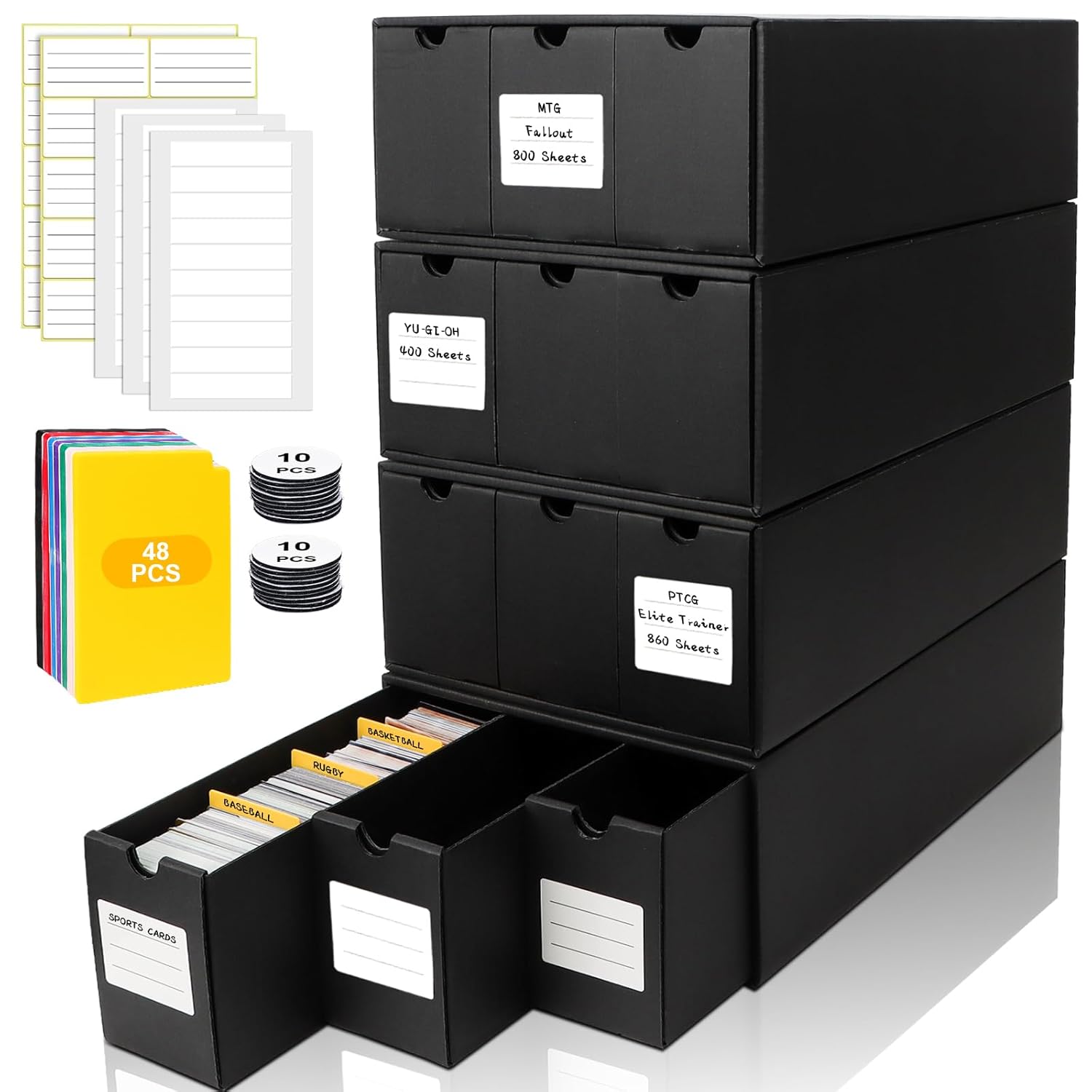 QLOUNI Trading Card Storage Box Includes 12-600 CT Boxes 48 Card Dividers 12000 Trading Card Organizer for Collectible