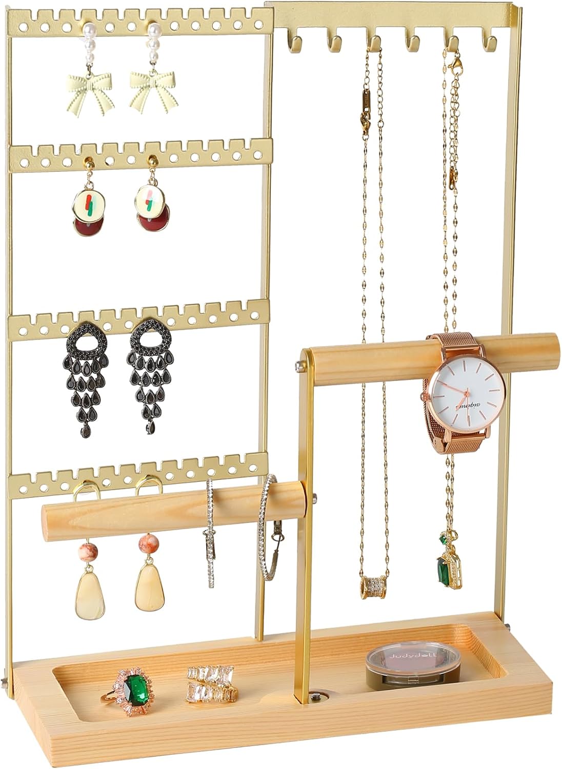 Jewelry Organizer Stand, Jewelry Holder, Lengnoy 4 Tier Earring Holder with 48 Holes and 6 Hooks Necklace Organizer Wood Box for Necklace Bracelet Earring Ring, White