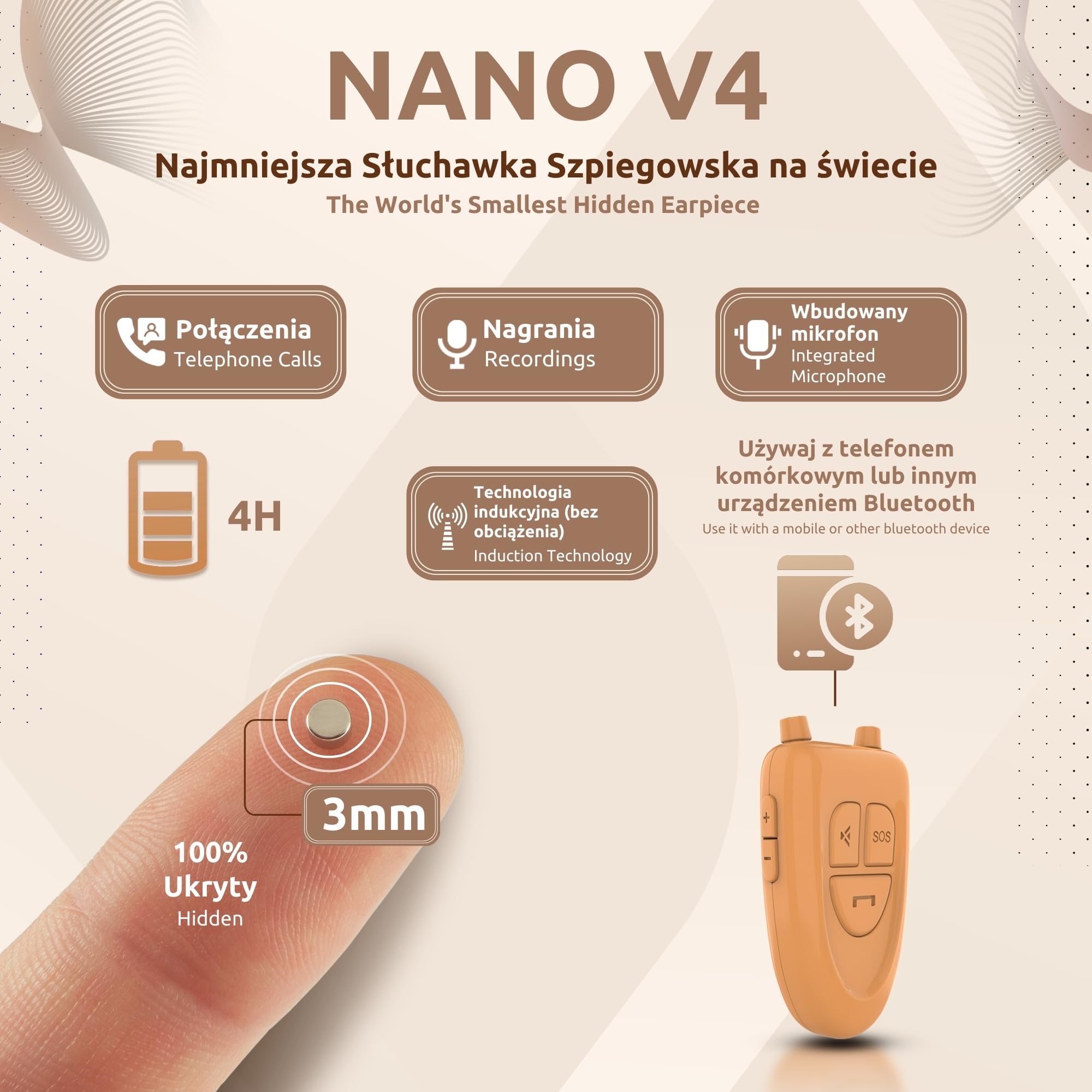PingaOculto Słuchawki szpiegowskie Bluetooth bezprzewodowe słuchawki niewidoczne, ukryte mini zestaw słuchawkowy do telefonu z mikrofonem - tajne słuchawki, mikro-urządzenie do słuchania, oszukiwanie