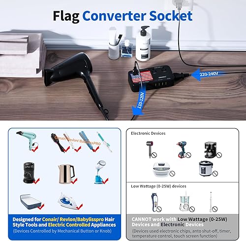 Miniatura 3 de TryAce Convertidor de voltaje de 2200 W de EE. UU. a Europa, convertidor de 220 V a 110 V para viajes europeos para secador de pelo, plancha