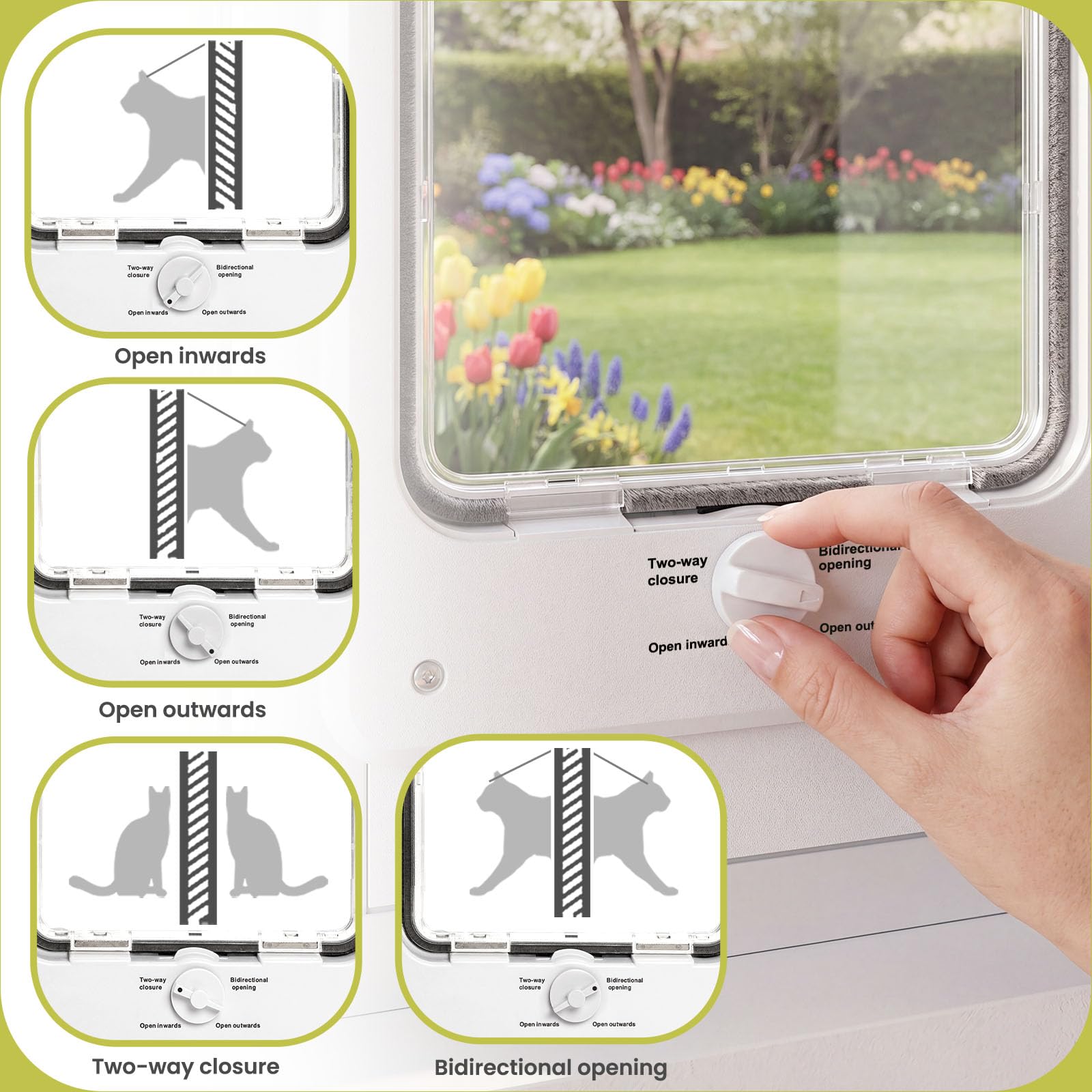 Porta verticale per gatti per finestra, adatta a finestre scorrevoli da 91,4 a 104,1 cm, installazione senza danni, telaio in alluminio robusto, chiusura magnetica resistente alle intemperie