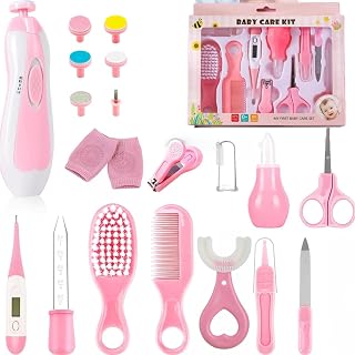 RIOMTRIC Baby Grooming Kit, Electric Safety Nail Trimmer Baby Nursery Kit Infant Safety Care Set with Hair Brush Comb Nail Clipper Nasal Aspirator,Baby Essentials Kit for Newborn Girls Boys (13 PCS PINK KIT)