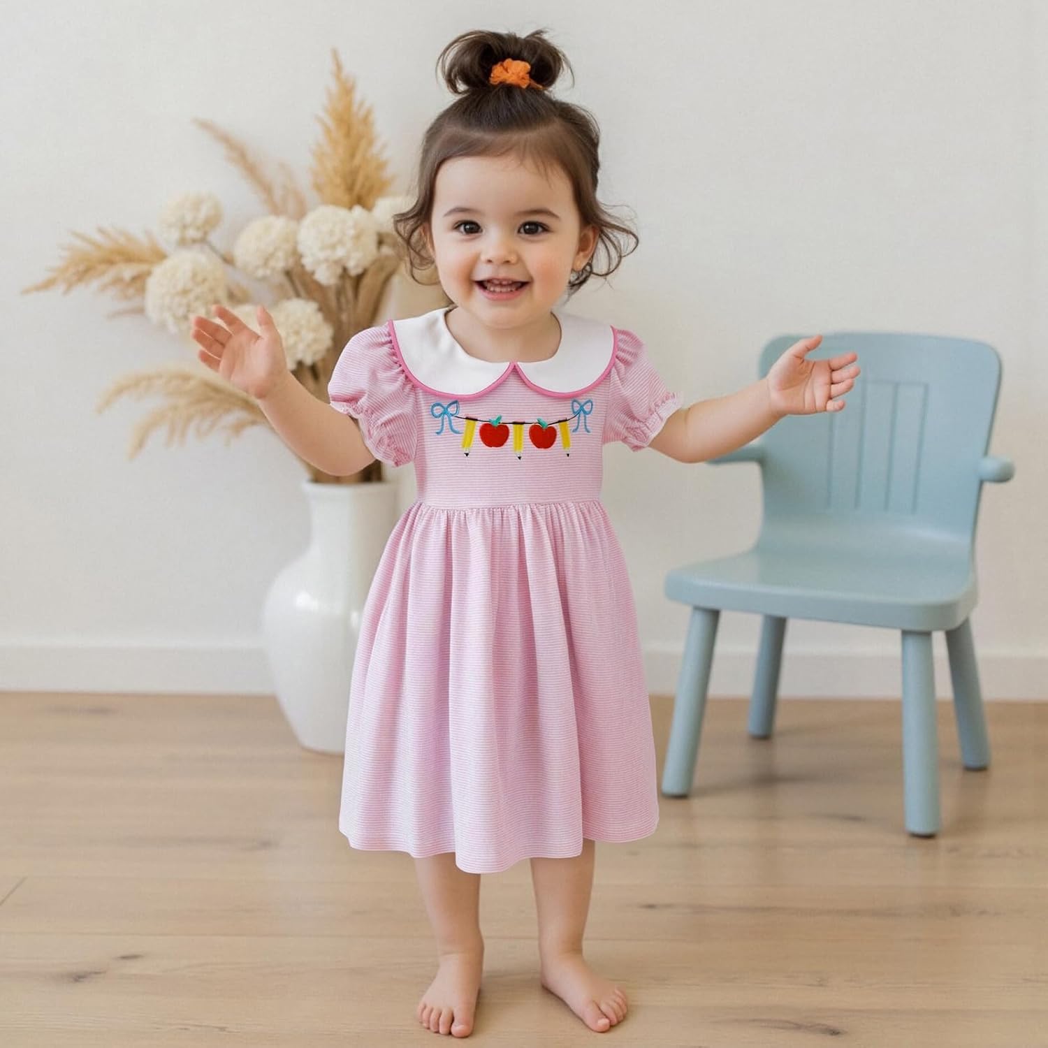 Kid Toddler Baby Girl 1st Day of School Outfit Apple Short Sleeve Collar Smocked Dress Back to School Pre K Clothes image 2