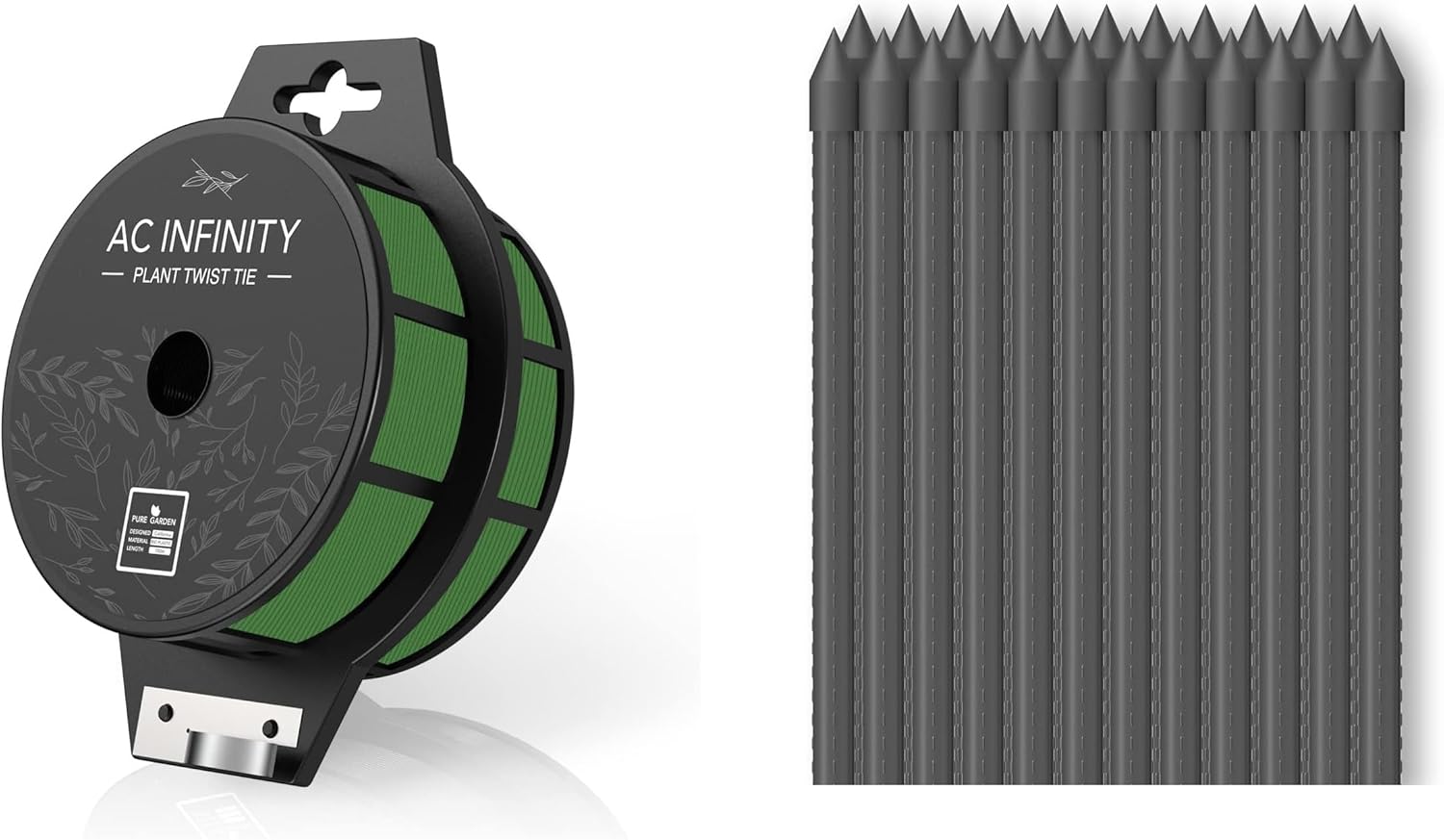 AC Infinity Plant Stakes & Twist Ties Bundle — 24" Coated Metal Support Stakes (25-Pack) + 100m Reusable Green Wire with Built-in Cutter for Plant Training & Garden Support