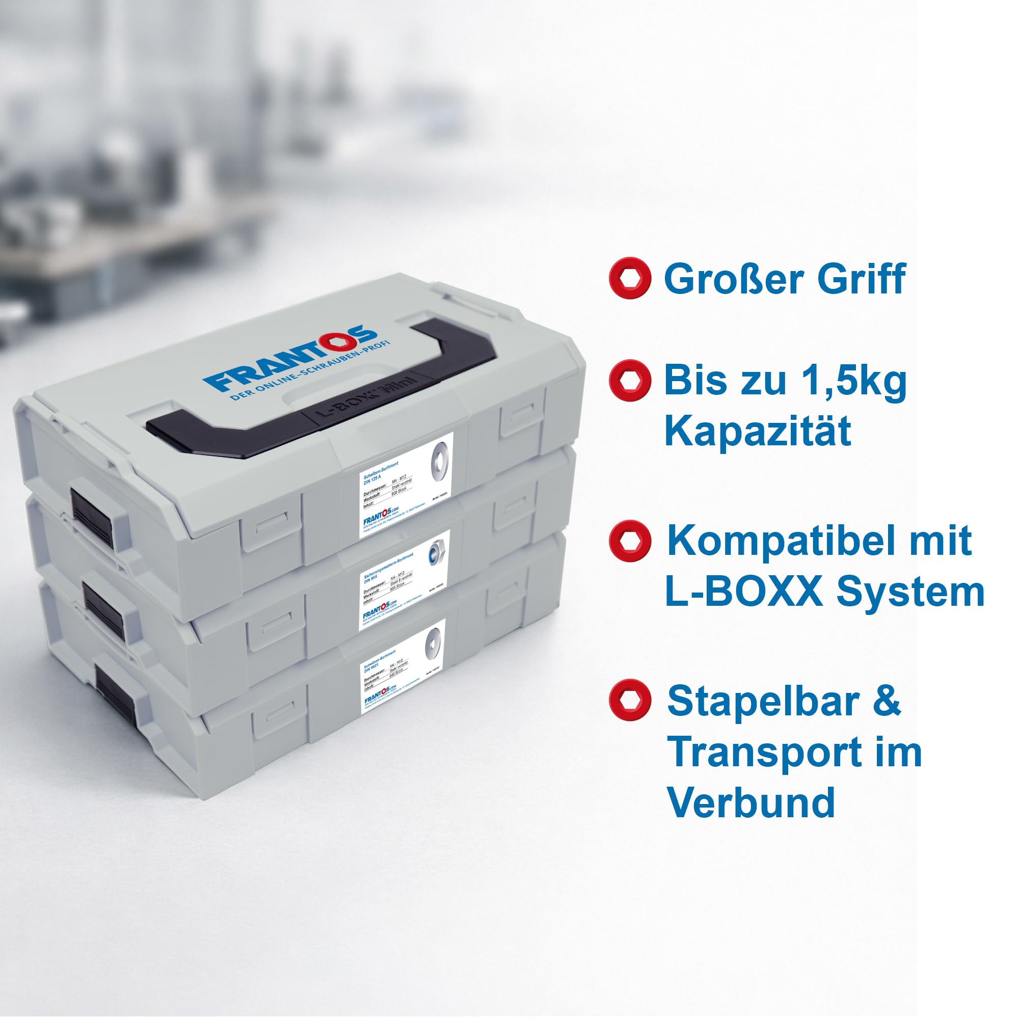 FRANTOS L-BOXX Mini Muttern & Unterlegscheiben Sortiment 1530 tlg. Set | M4 bis M12, DIN 934, DIN 125 A & DIN 9021, Stahl verzinkt, Sechskantmuttern, Beilagscheiben