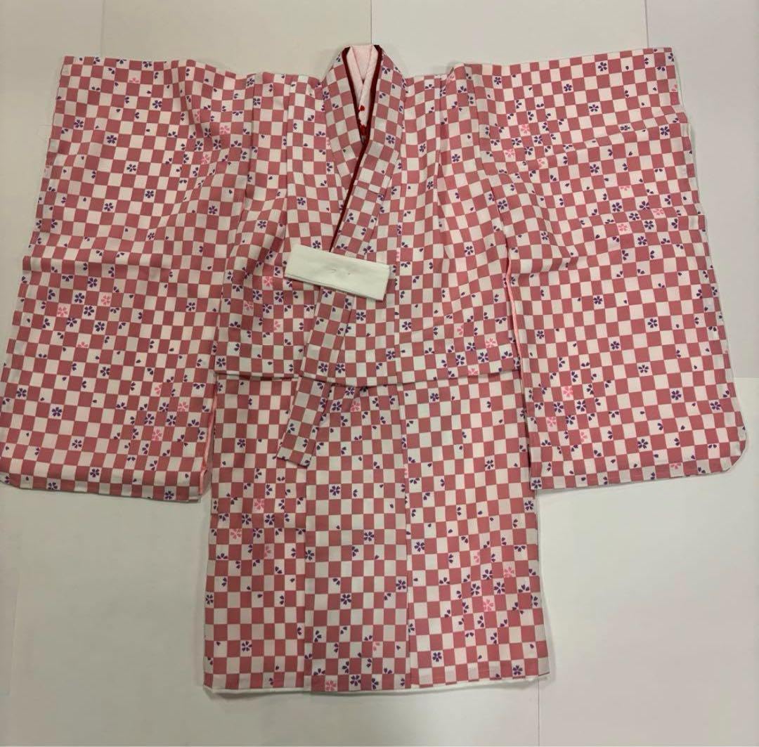 七五三 3歳女の子 着物セット ピンク市松 紫桜 オフ白 乱菊 クリーム色