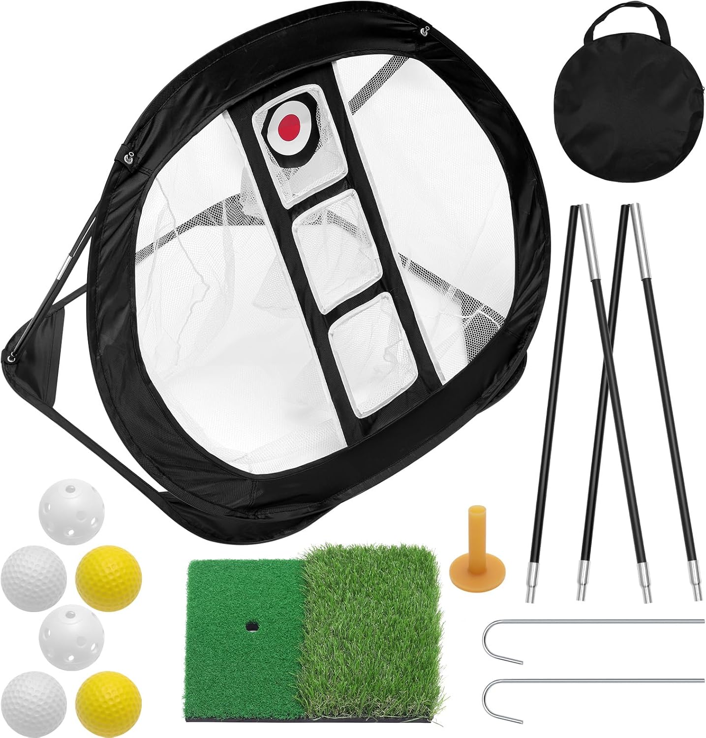 Pop Up Golf Chipping Net Set, Foldable Golfing Target Net with Dual-Turf Golf Hitting Mat, 6 Practice Balls and Rubber Tee Holder for Outdoor Indoor Practice Train, Ideal Golf Gifts for Golfers