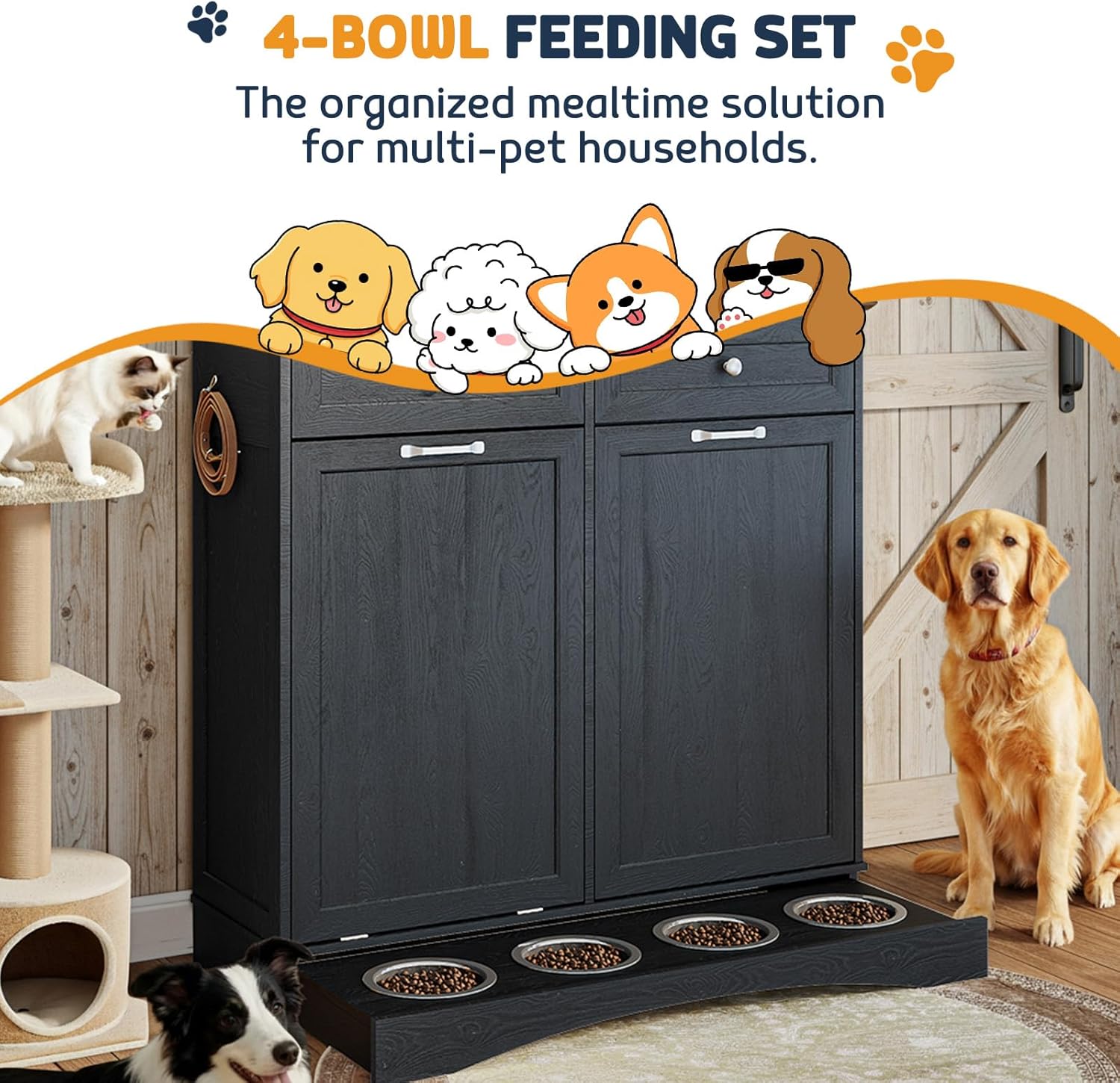 Double Door Dog Feeding Station with Storage,2X13 Gallons Tilt Out Trash Can Cabinet,Dog Food Cabinet with 4 pcs Dog Bowl for Kitchen/Living Room (Black, Double Door)