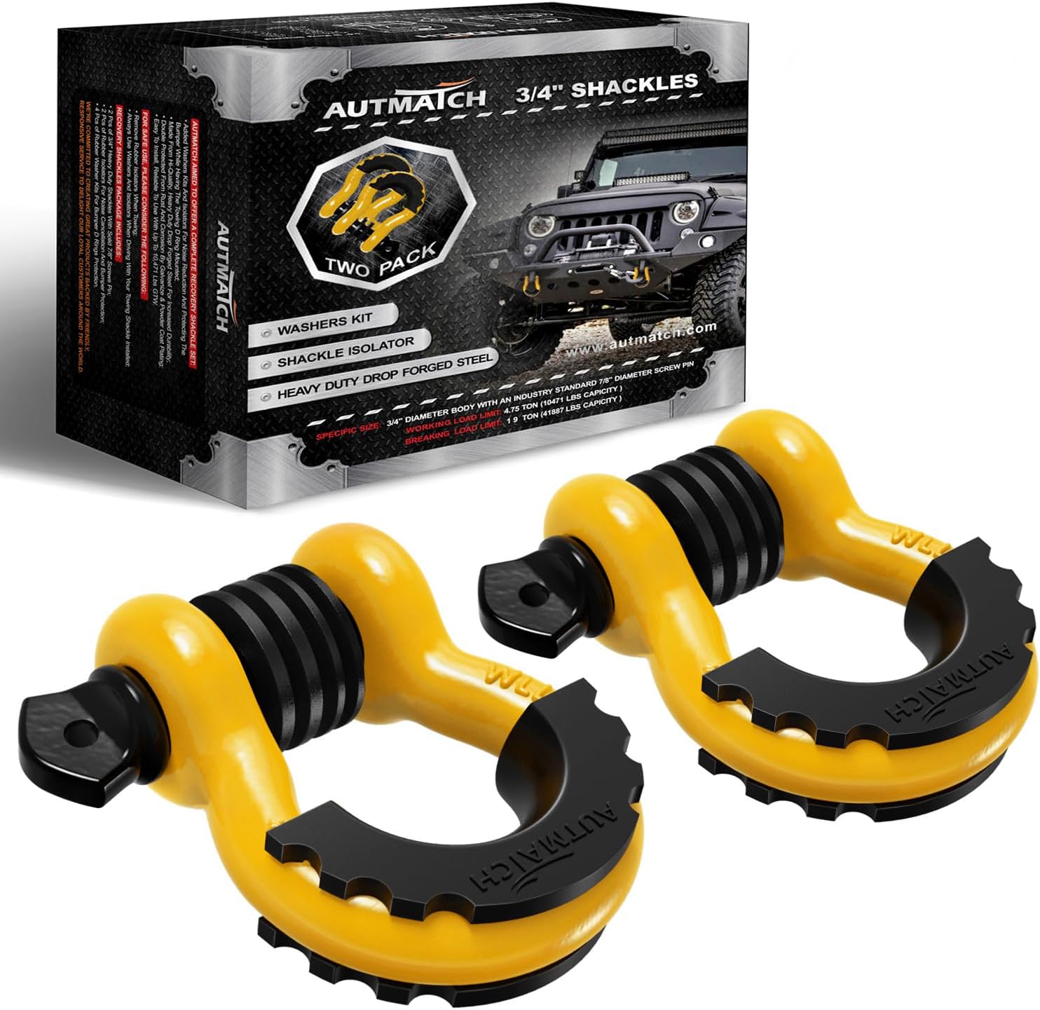 AUTMATCH D Ring Shackles 3/4" (2 Pack) Breaking Strength Approximately 19 Tons with 7/8" Screw Pin Shackle Isolator Washers for Tow Strap Winch Off Road Vehicle Recovery 1.90cm (3/4 Inch) Shackles
