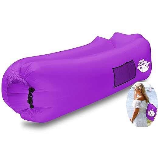 Legit Camping Inflatable Lounger with Carrying Bag & Pockets for Indoors/Outdoors – Blow up Couch & Inflatable Sofa with Headrest & Securing Stake- for Camping Beach or Pool (Purple)