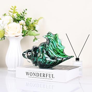 Hand Blown Glass Conch Shell Sculpture, Sea Glass Art Figurines, Blown Glass Decor for Decorating, Teal Conch Shell Decorative Statues, Sea Shell Coastal Decor for Shelf House Room, Beachy Gifts