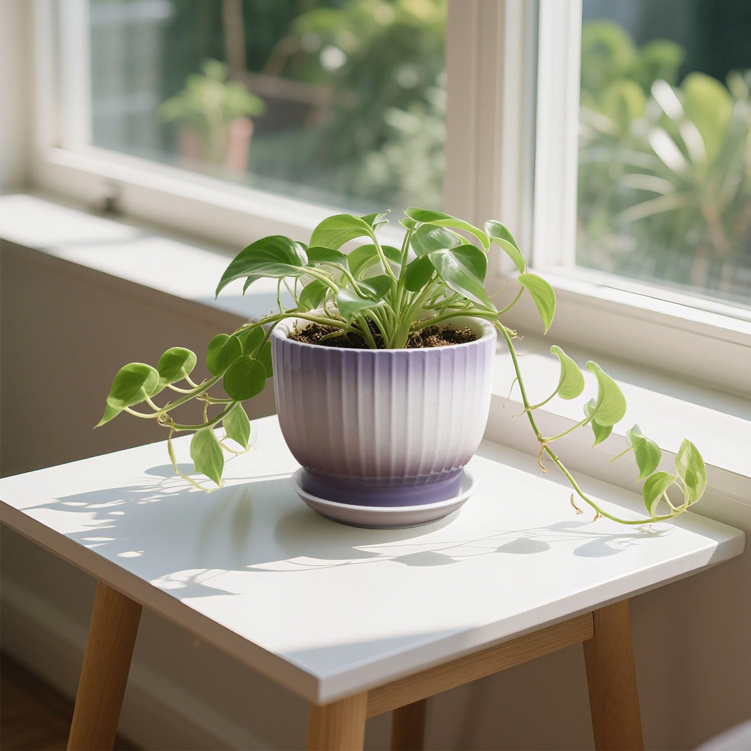 6.7 + 5.5 Inch Ceramic Plant Pots,Planters with Drainage and Saucer,Indoor Pots for Plants,Decorative Orchid Pots Set of 2（Purple + White）