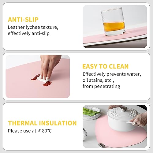 Miniatura 5 de Juego de 4 manteles individuales y posavasos de piel sintética, manteles individuales redondos de doble cara para cocina, comedor, mesa de patio,