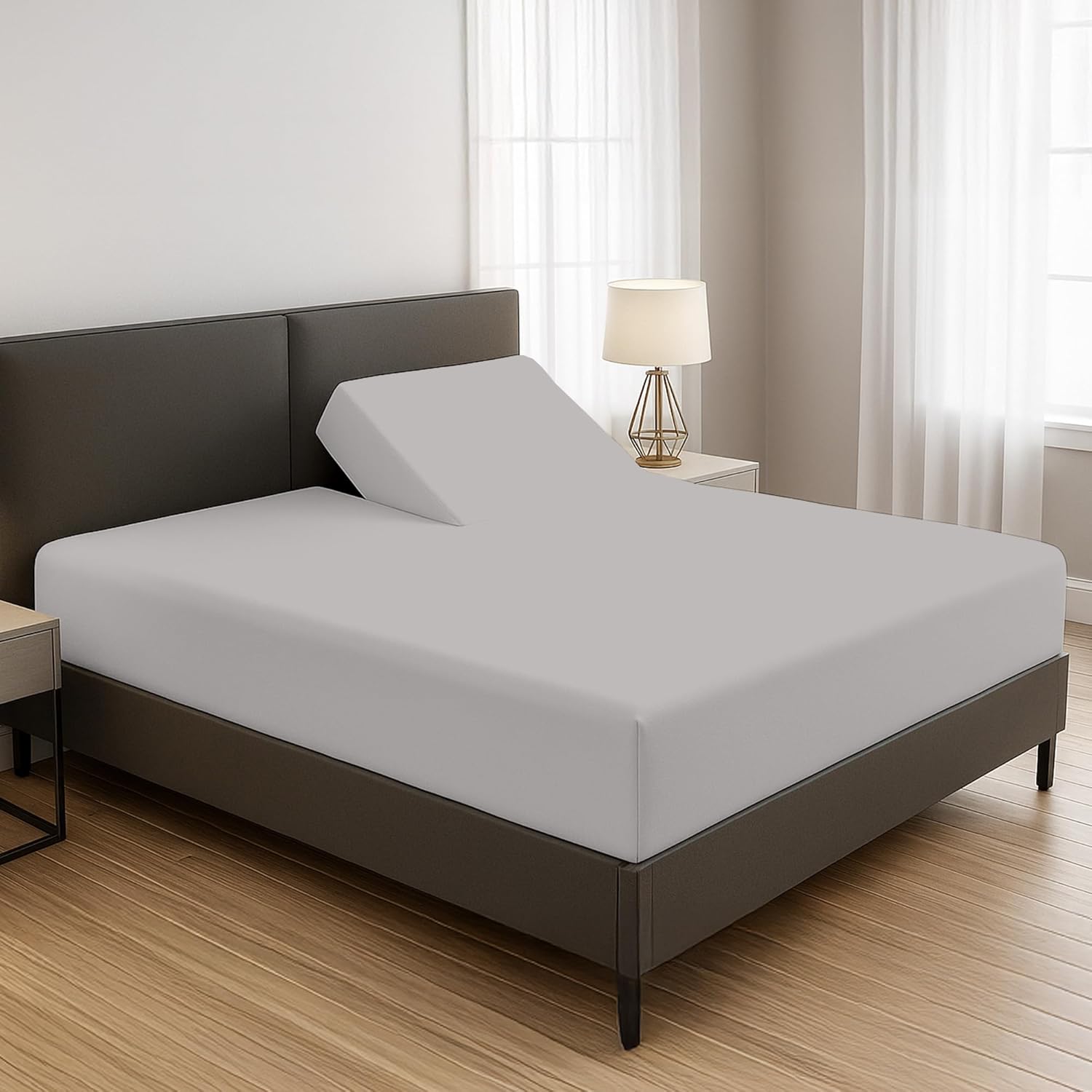 SGI bedding 34" Queen Split Top Flex Head Fitted Sheet Only – 600 Thread Count 100% Egyptian Cotton – Deep Pocket 15" Adjustable Bed Fitted Sheet – Soft, Breathable, Silver Solid