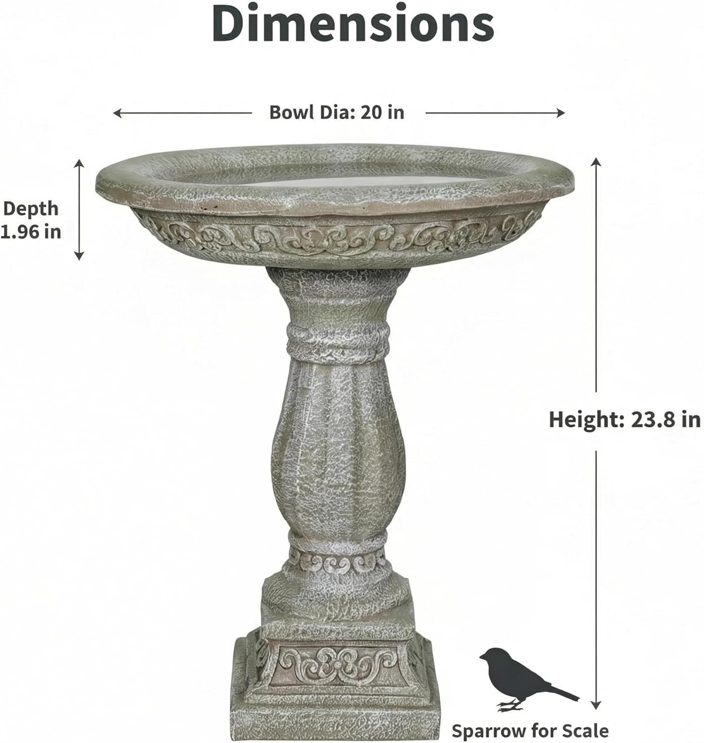 SunJet 23.8 Inch High Concrete Bird Bath with Carved Pedestal – Birdbath Sturdy & Elegant Design, Stone-Like Texture, Attracts Birds and Enhances Garden, Patio, Yard, Lawn Decor