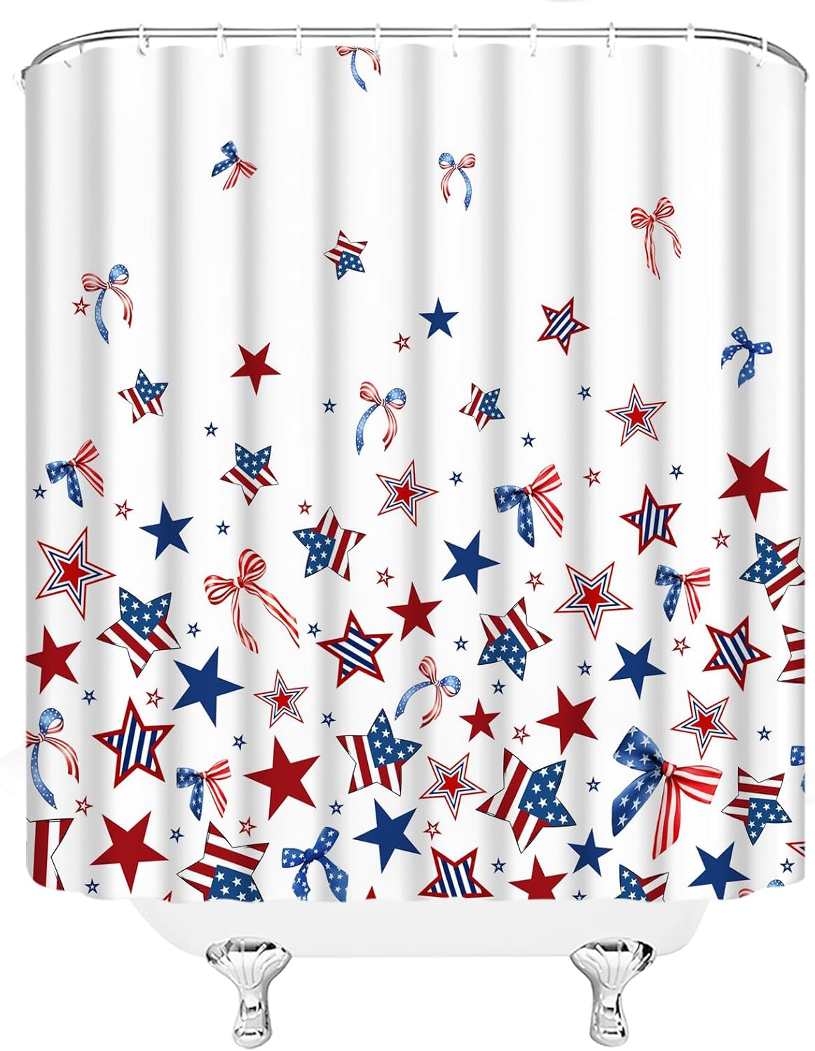 4th of July Shower Curtain Red Blue White Bow with Stars Patriotic Independence Day American Fabric Bathroom Decor Sets with Hooks,71W x96H