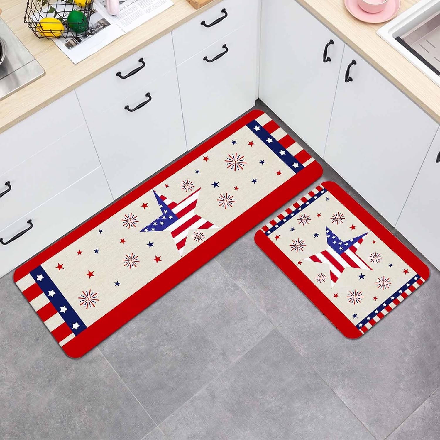 Prime Leader Independence Day Kitchen Mat Set 2 Pieces Flag Day Retro Blue Red Star Fireworks Stripes Non Slip Kitchen Rugs Washable Runner Rug Mats for Sink Laundry (19.7" x 31.5"+19.7" x 47.2")
