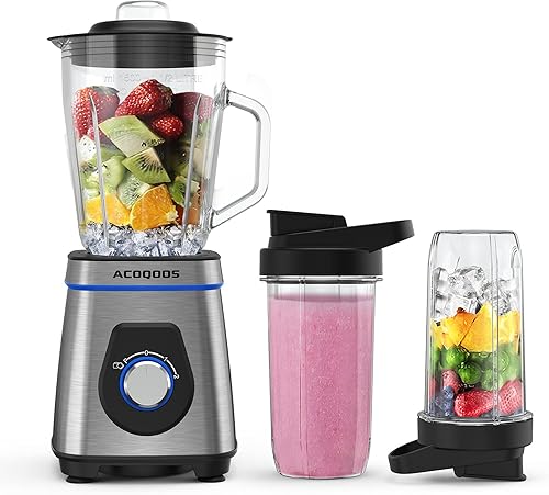 Miniatura 1 de Licuadora de licuadora para cocina licuadora para batidos y batidos 750 W con frasco de vidrio de 50 onzas 2 botellas de viaje sin BPA por ACOQOOS