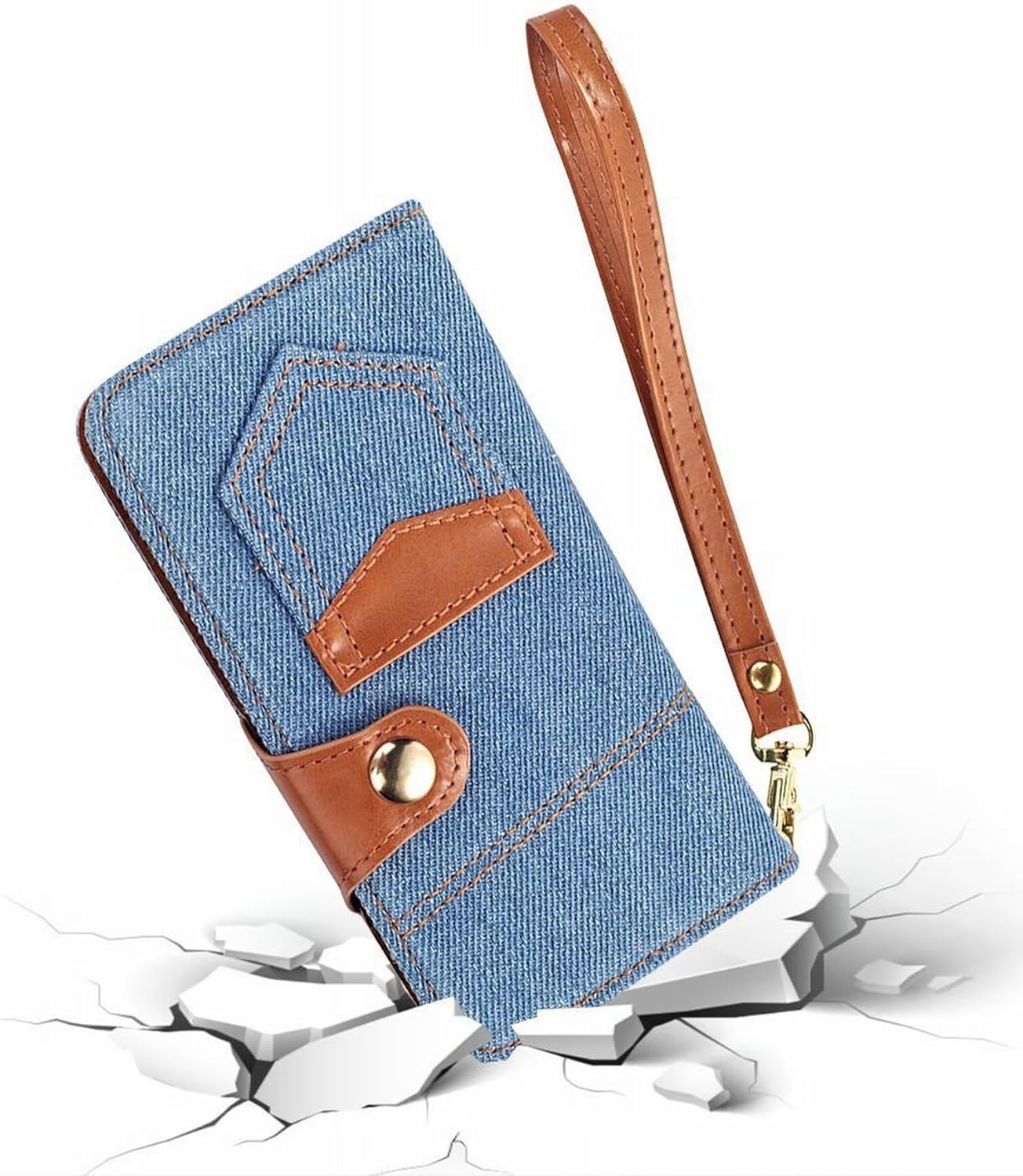 Denim Wallet Phone Case for iPhone 15 Pro, Exquisite Denim + TPU Material Handbag Wallet Card Holder Beautiful Style Durable Anti-Fall 6.1" Blue