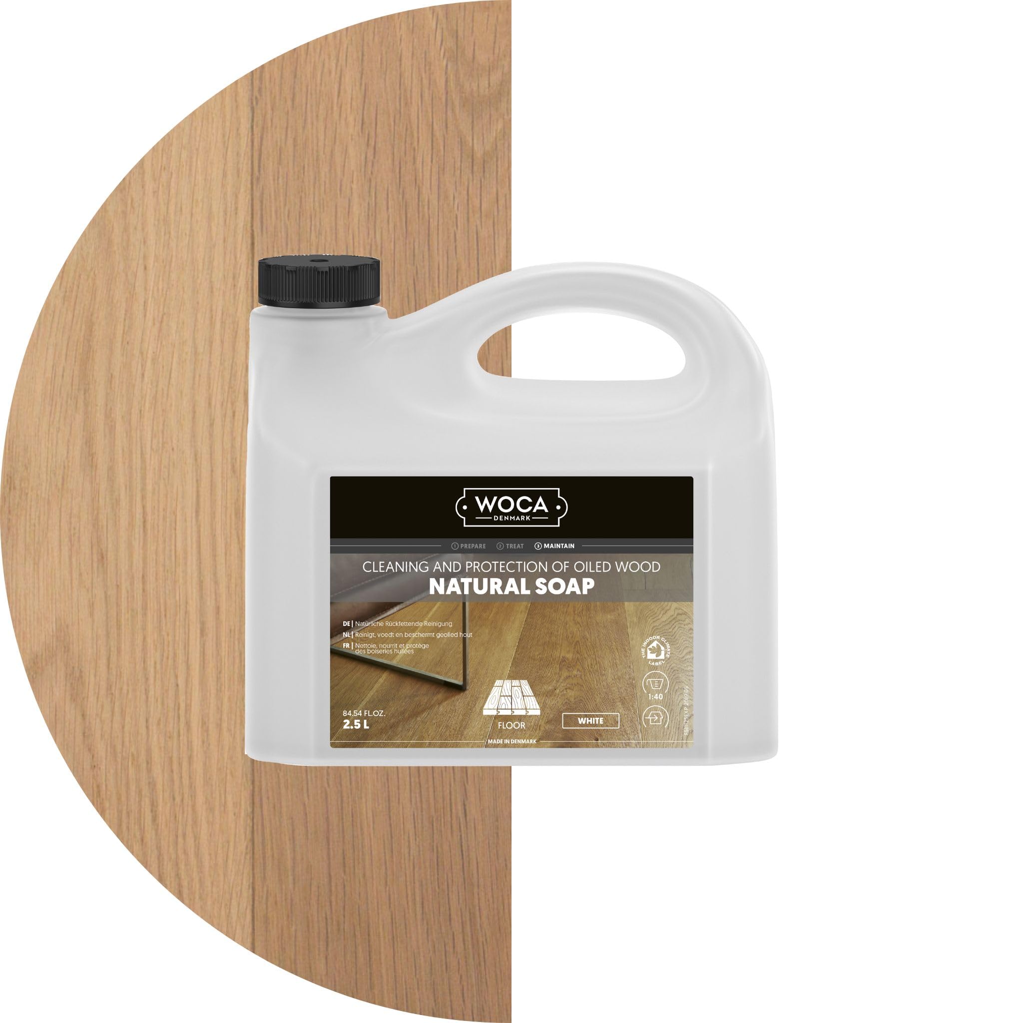 WOCA Natural Soap White, Concentrated Wood Floor Cleaner for Oiled and Waxed Surfaces, Parquet and Engineered Wood, Indoor Climate Labelled, 2.5 L