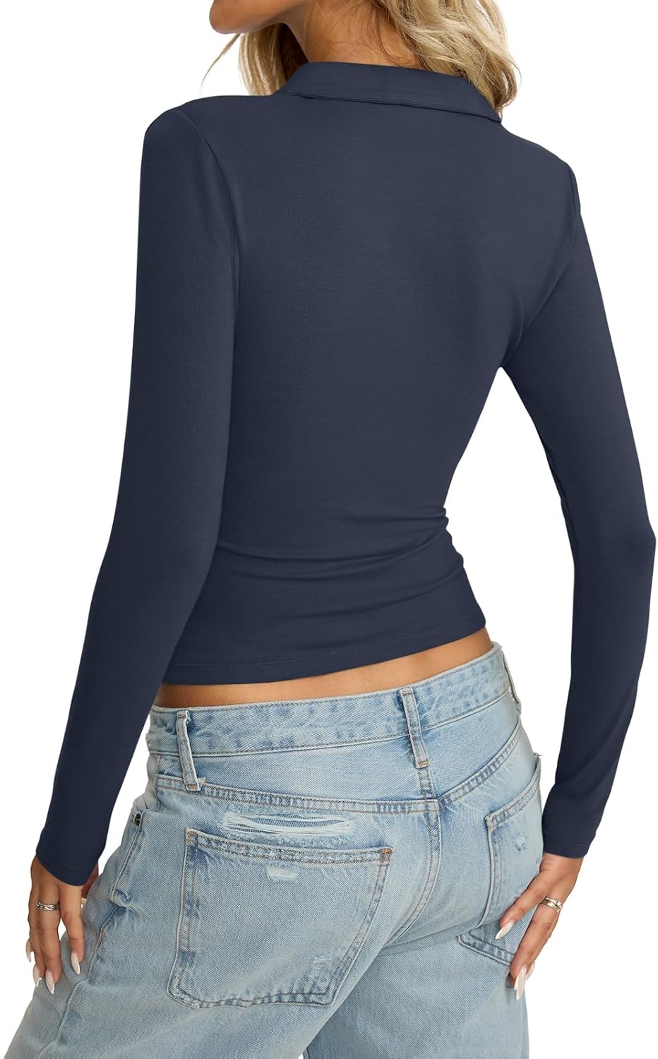 Womens Cotton Polo Collared Shirt Long Sleeve Sexy Deep V Neck Top Button Up Slim Fitted Tee Business Casual Outfit - Image 6