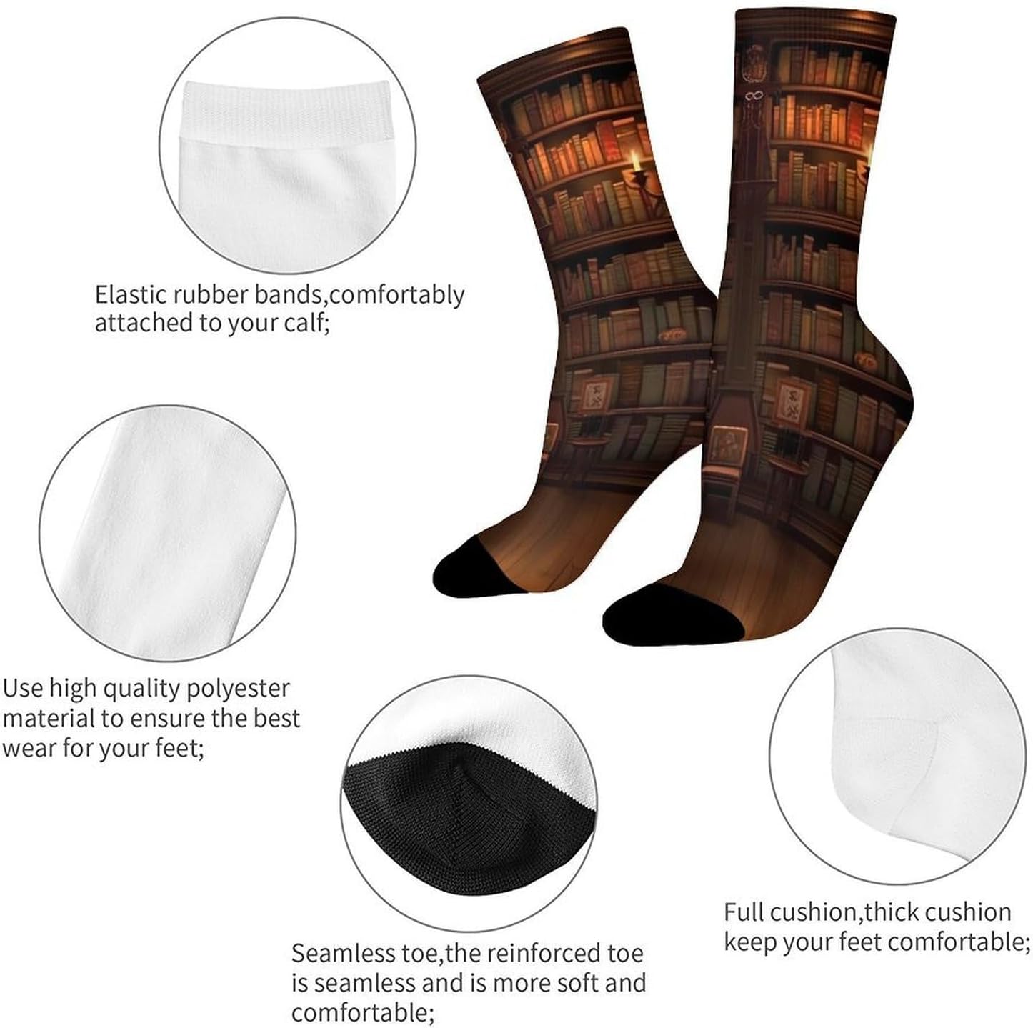 Breathable Sports Socks, Moisture Wicking, Lightweight Crew Socks | Book Room Library Athletic Calf Socks for Women Men, Casual, Anti-Slip, Multifunctional Work Socks