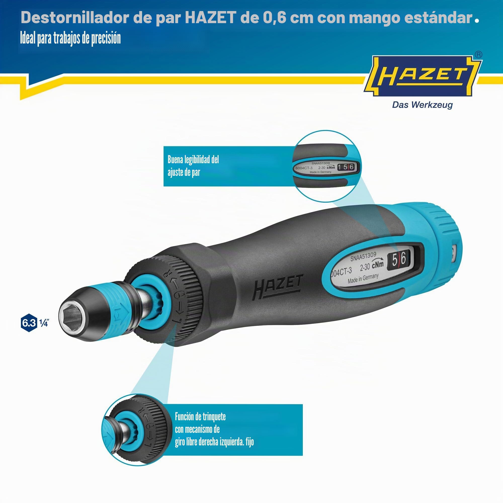 Hazet Destornillador dinamométrico 6004CT-3, 1/4" con mango estándar, 0,02-0,3 Nm, 6% de precisión, 196 mm de longitud, conmutable derecha/izquierda, mecanismo de rueda libre